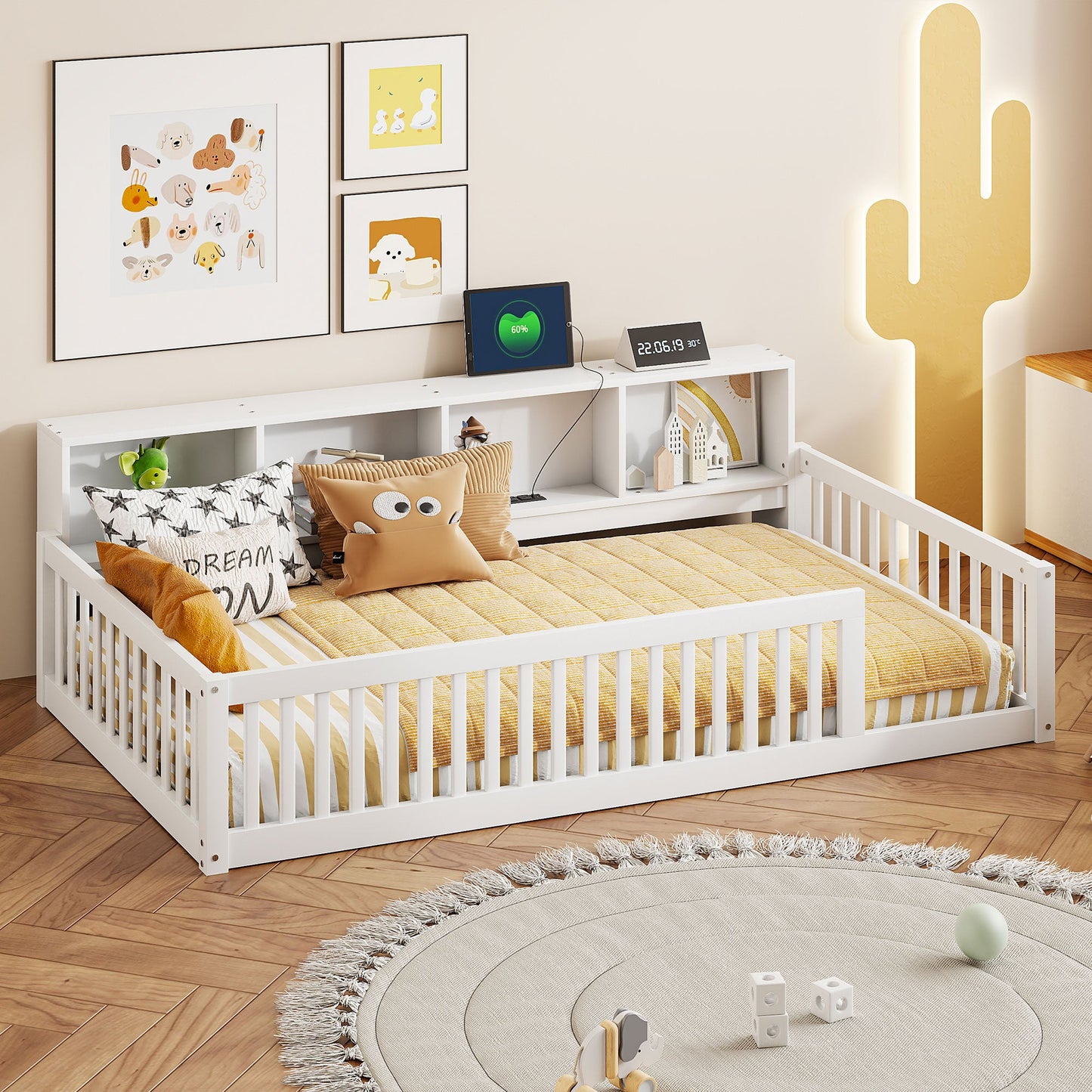 Wood Twin XL Size Floor Bed with Storage Cabinets and USB Ports