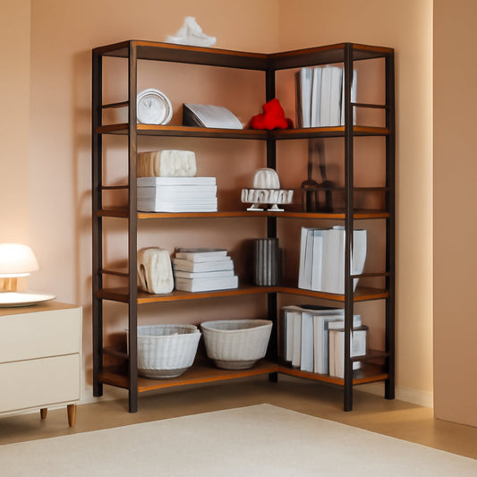5-Tier Industrial Corner Bookcase With Metal Frame