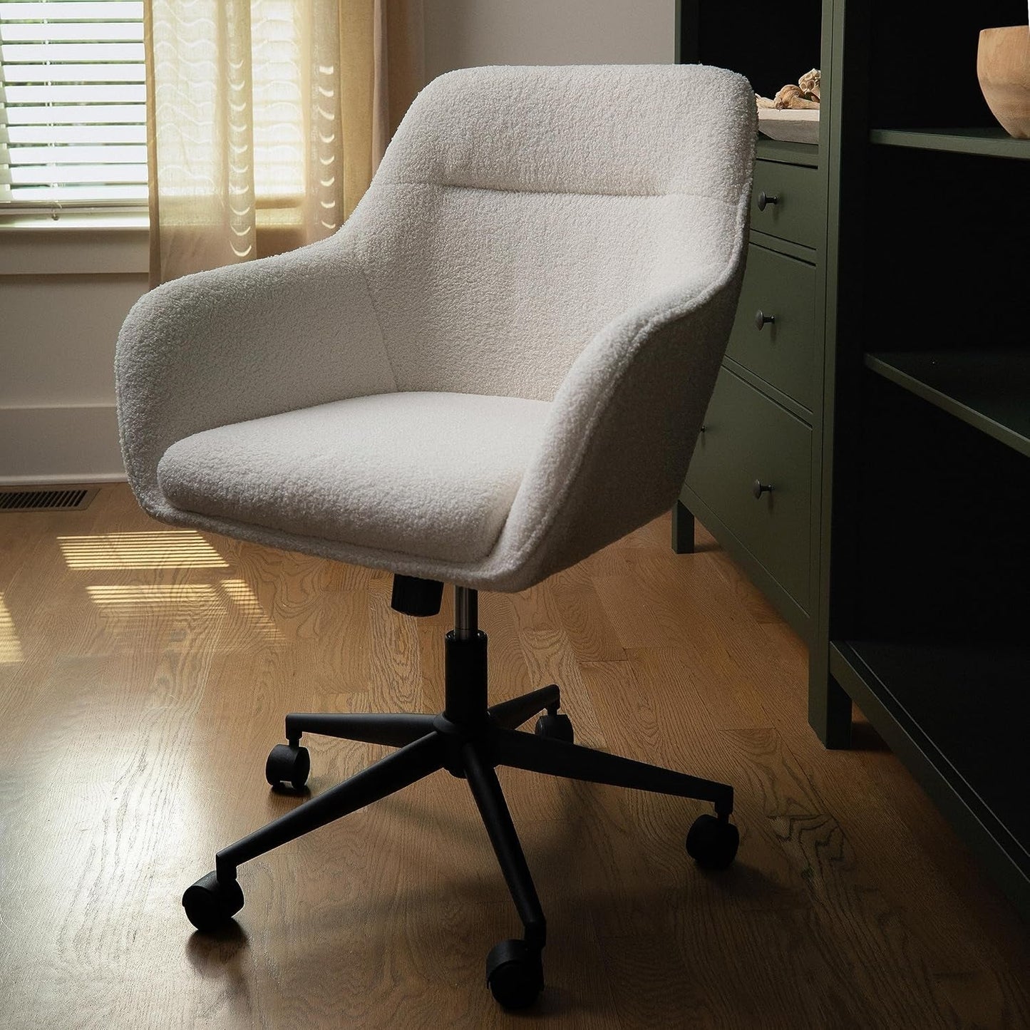 Rayna Swivel Task Chair White Boucle With Oil Rubbed Bronze
