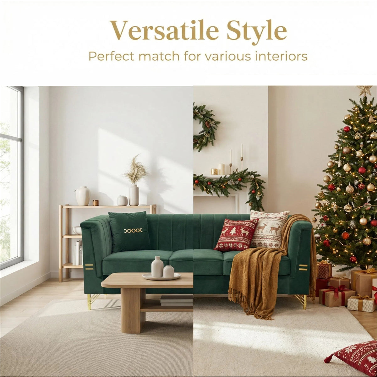FX-P82-GR3 Modern Velvet 3-Seater Chesterfield Style Sofa
