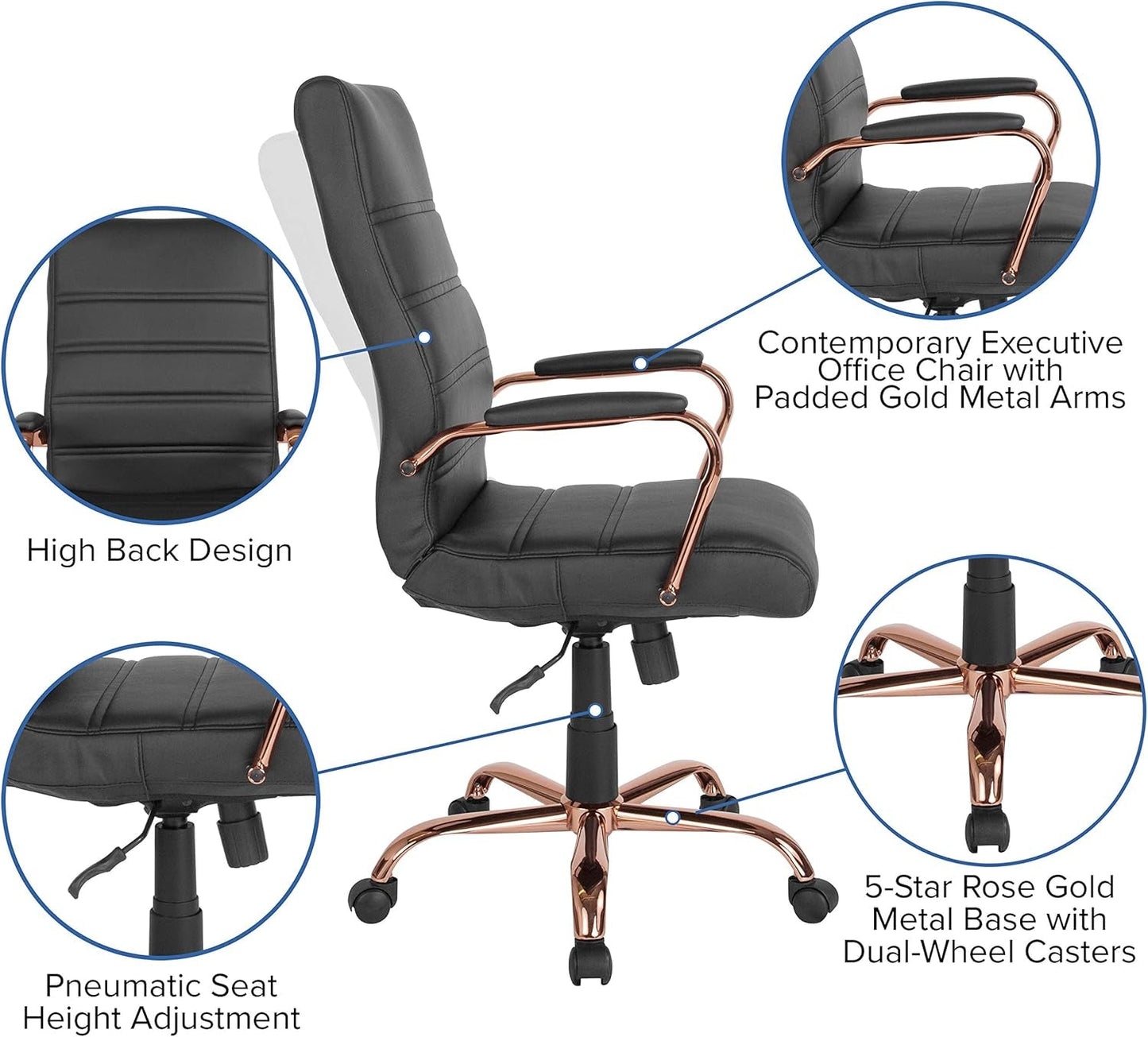 Whitney High Back Swivel Desk Chair Black Rose Gold