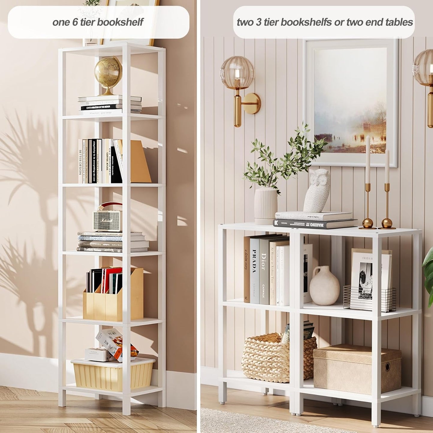 Six Tier Tall White Bookshelf For Small Spaces Living Room