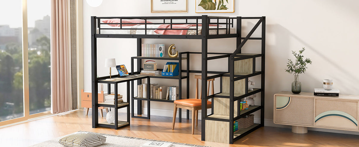 Full Size Metal Loft Bed with Staircase, Built-in Desk and Shelves