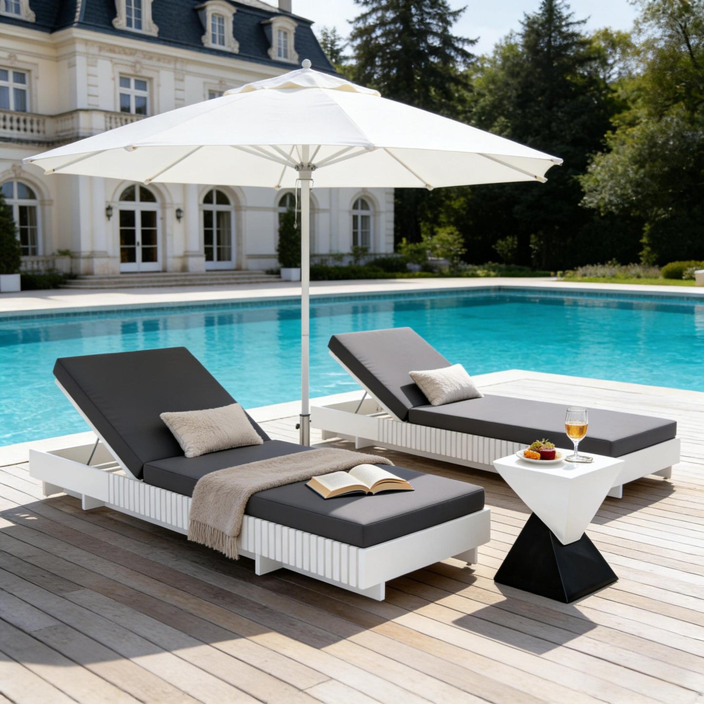 White Acacia Solid Wood Outdoor Chaise Lounge with Dark Cushion