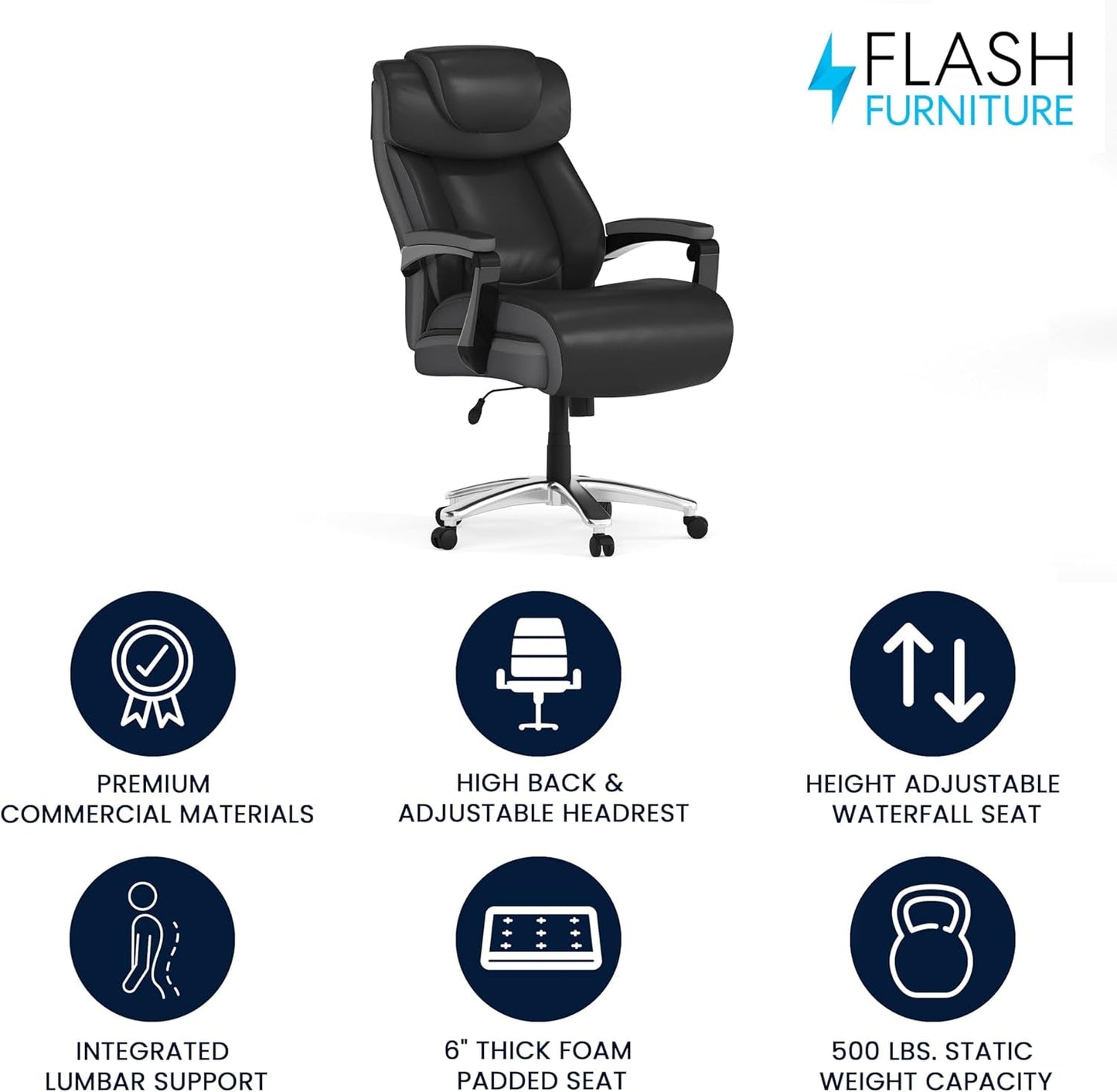 High-Back Headrest Ergonomic Office Chair Black LeatherSoft