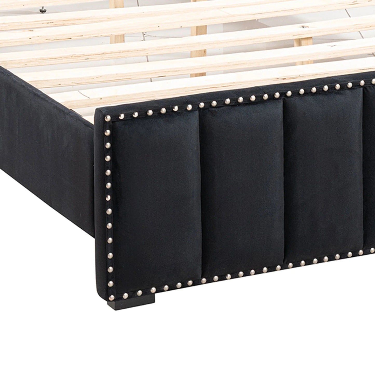 Queen Size Bed And 2x Nightstands Bedroom Furniture Luxury Look Black Fabric Upholstered Bedframe w LED Nailhead Trim 3pc Bedroom Set