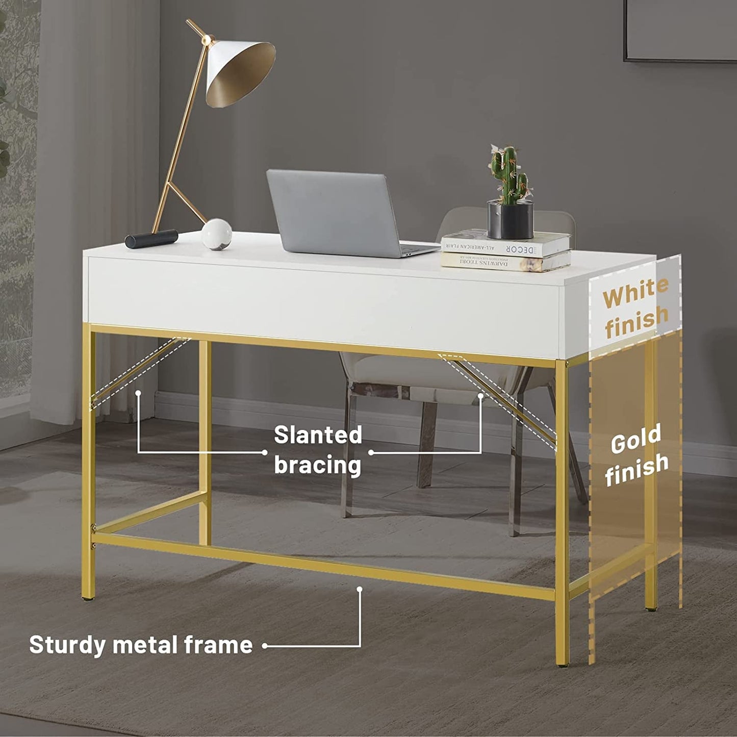 White And Gold Vanity Desk With Drawers For Bedroom