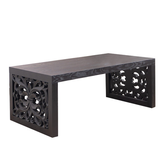 47.2" Solid Black Carved Wood Coffee Table – Handcrafted Look with Ornate Side Panels