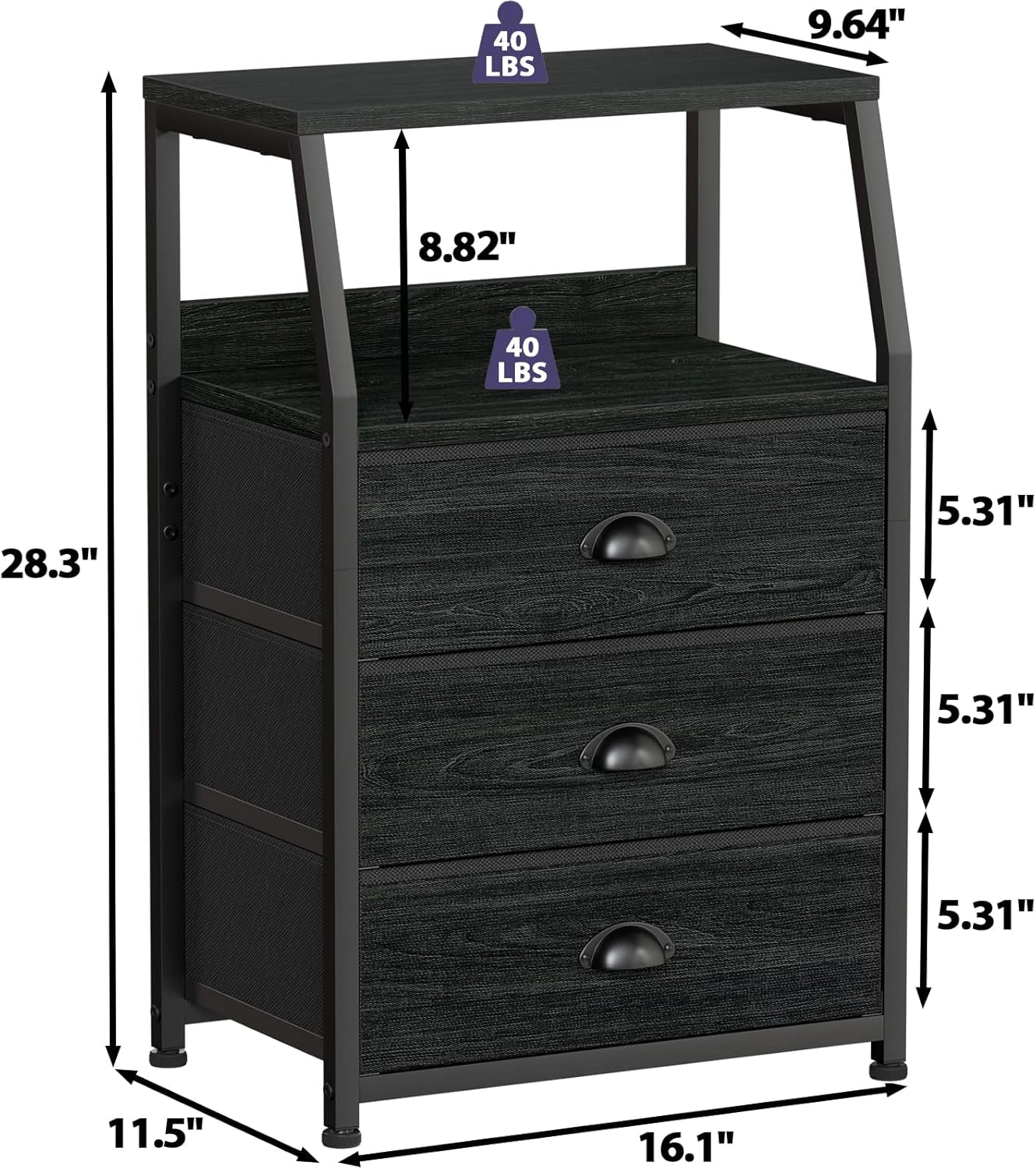 Black Night Stand With 3 Fabric Drawers And 2 Tier Shelf