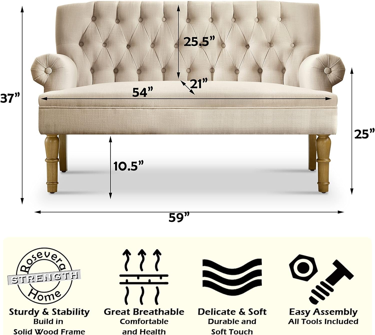 Beige Linen Loveseat Sofa With Sinuous Spring Support dimensions and features, including sturdy frame and soft upholstery.