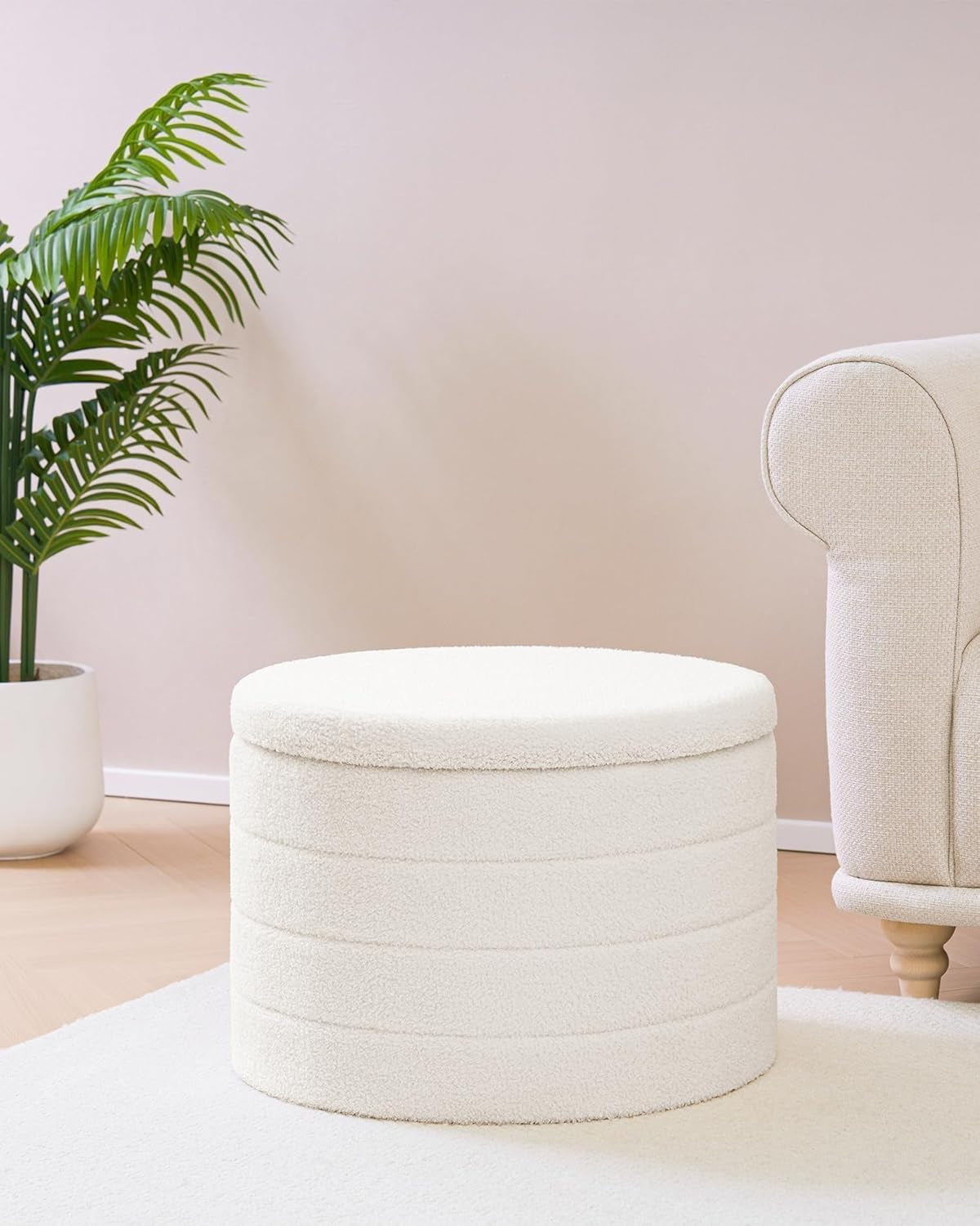 Round Sherpa Boucle Storage Ottoman White 22 Inches