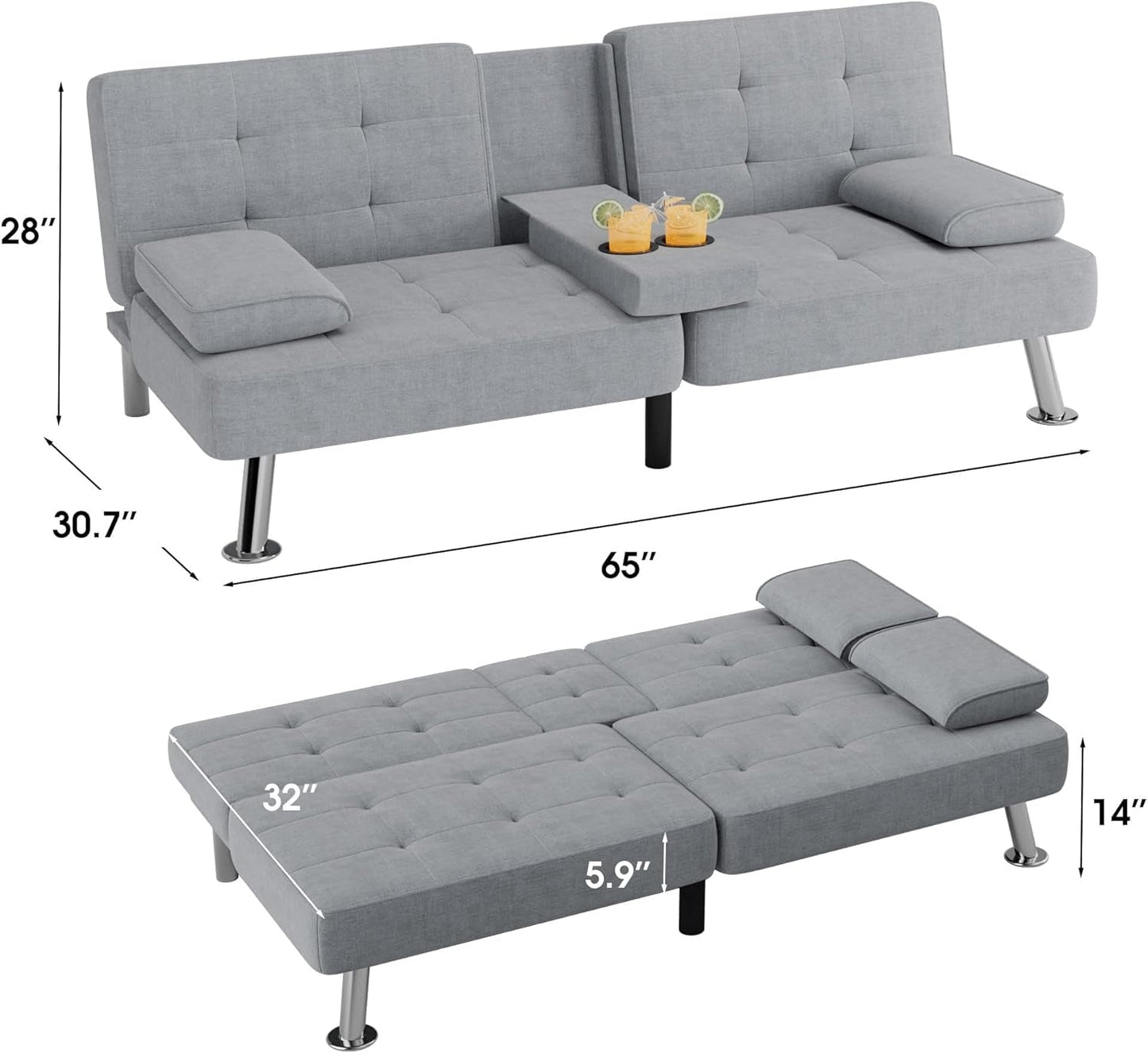 Futon Sofa Bed Light Grey Linen With Cup Holders Removable Armrests