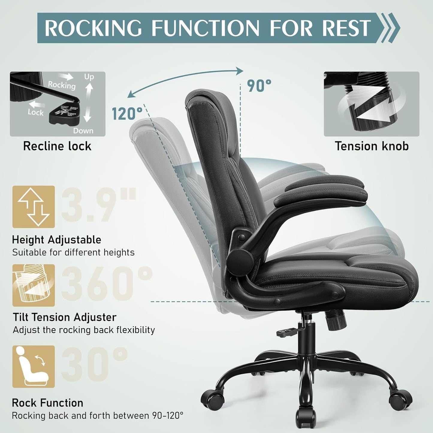 Ergonomic Leather Office Chair Adjustable Armrests Black