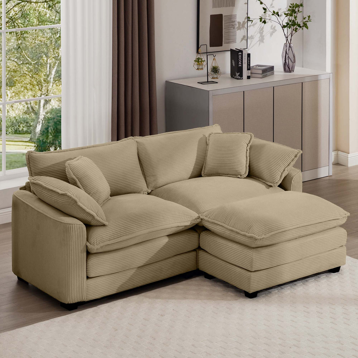 Corduroy Two-Seater Sofa with Ottoman