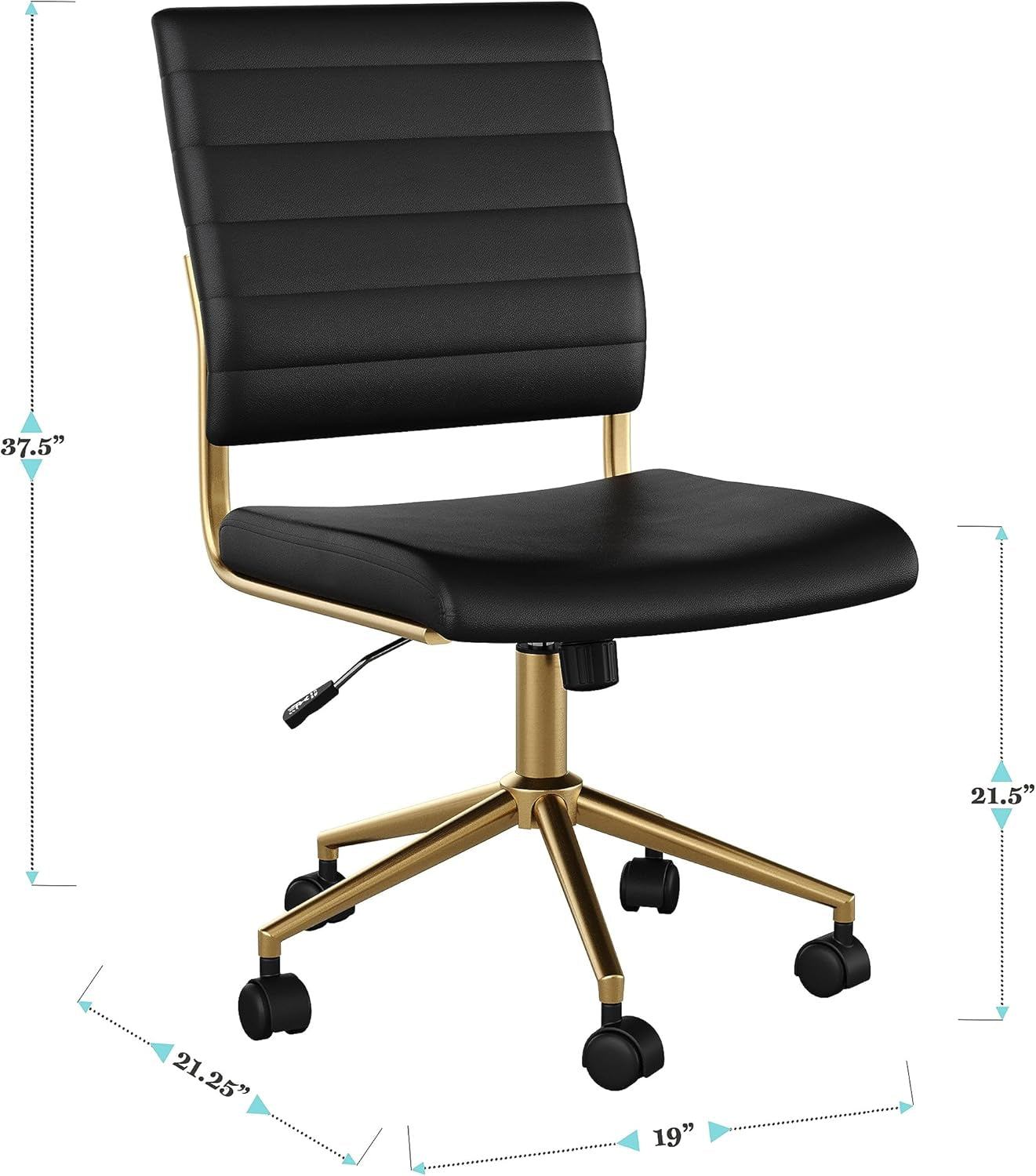 Armless Swivel Task Chair Black Faux Leather Brass Frame