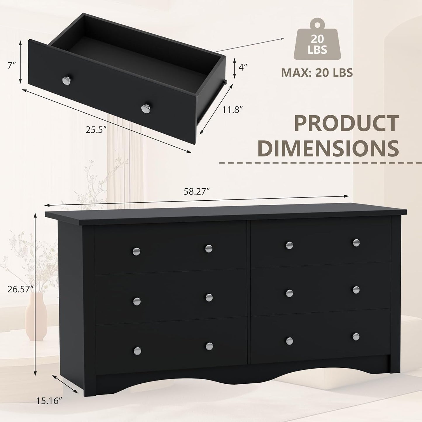 Solid Wood Black Dresser With Six Drawers Contemporary