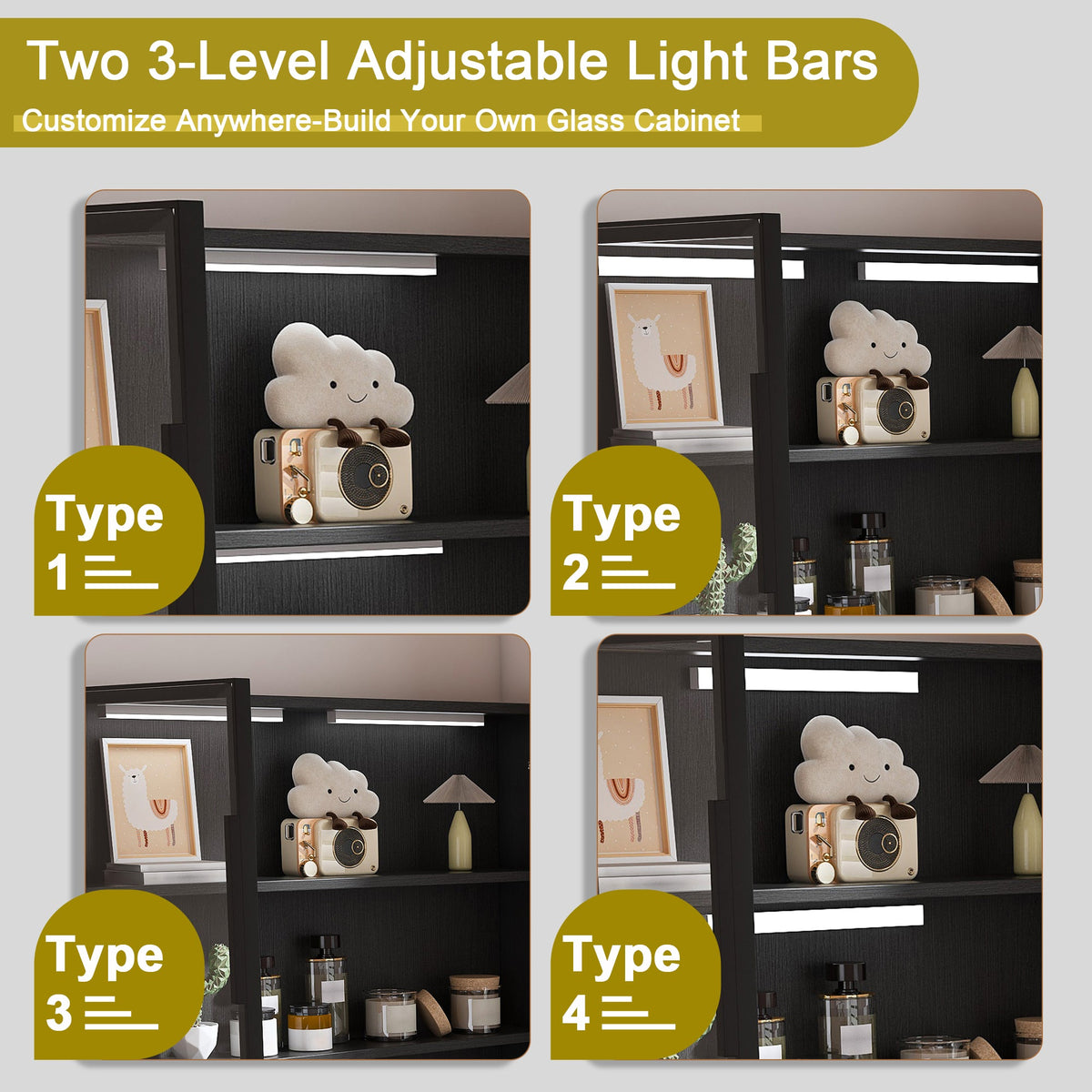 Computer Desk with Glass Cabinets & Built-In LED Lights