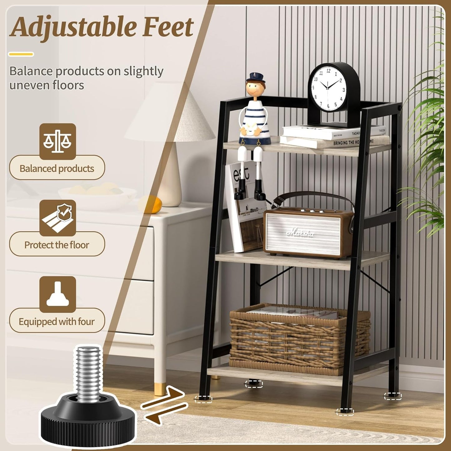 3-Tier Ladder Bookshelf With Steel Frame Greige Black