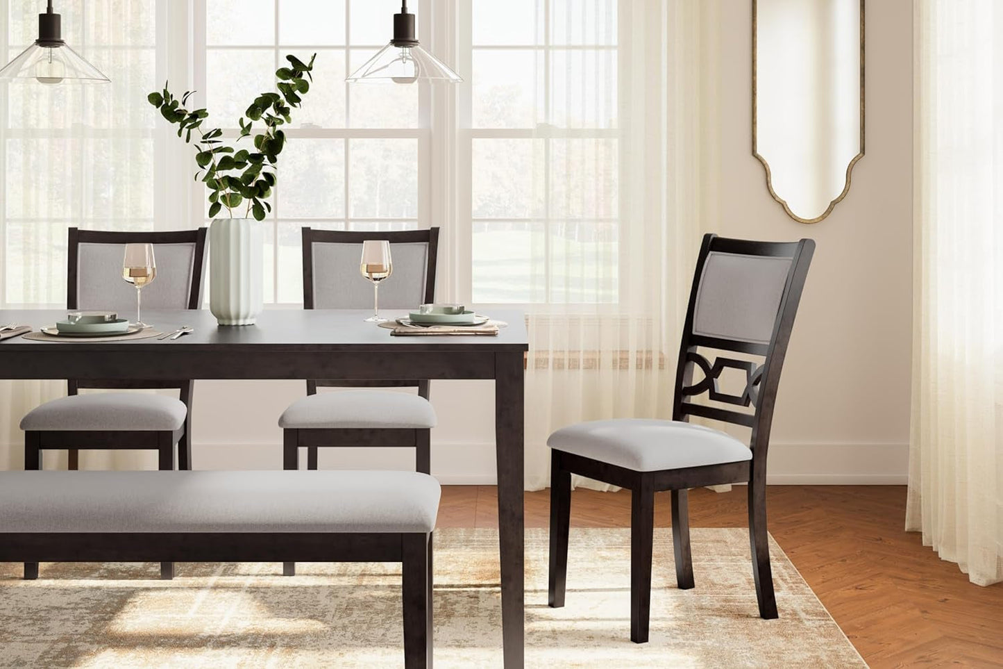 Cherry Brown Transitional Table Set Cushioned Chairs