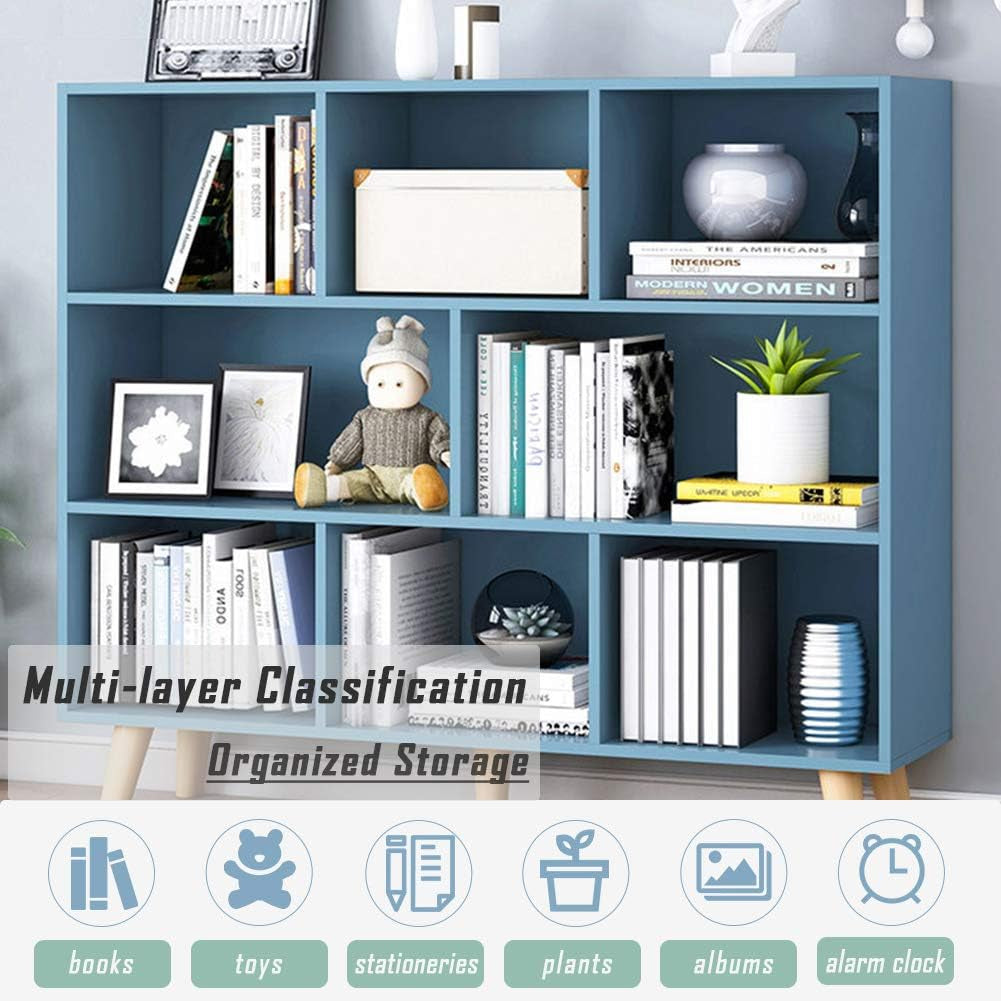 Blue Wood Open Shelf Bookcase 3 Tier 8 Cube Storage