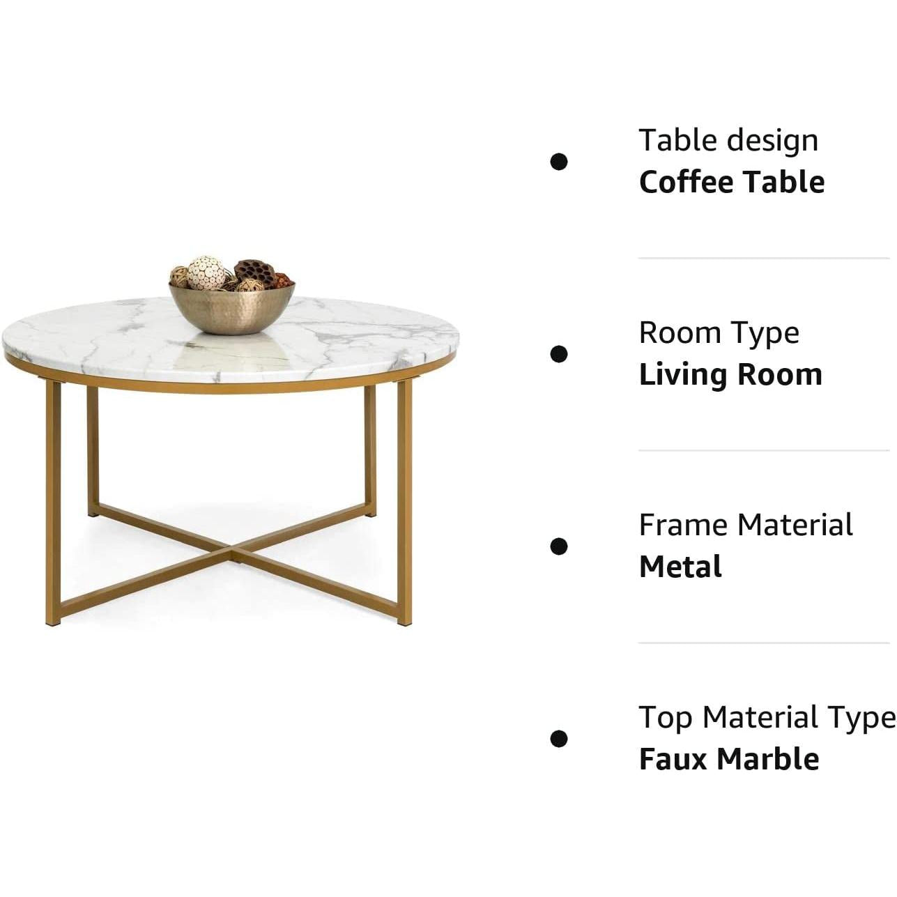 Round Coffee Table With Faux Marble Top Cross Leg Design