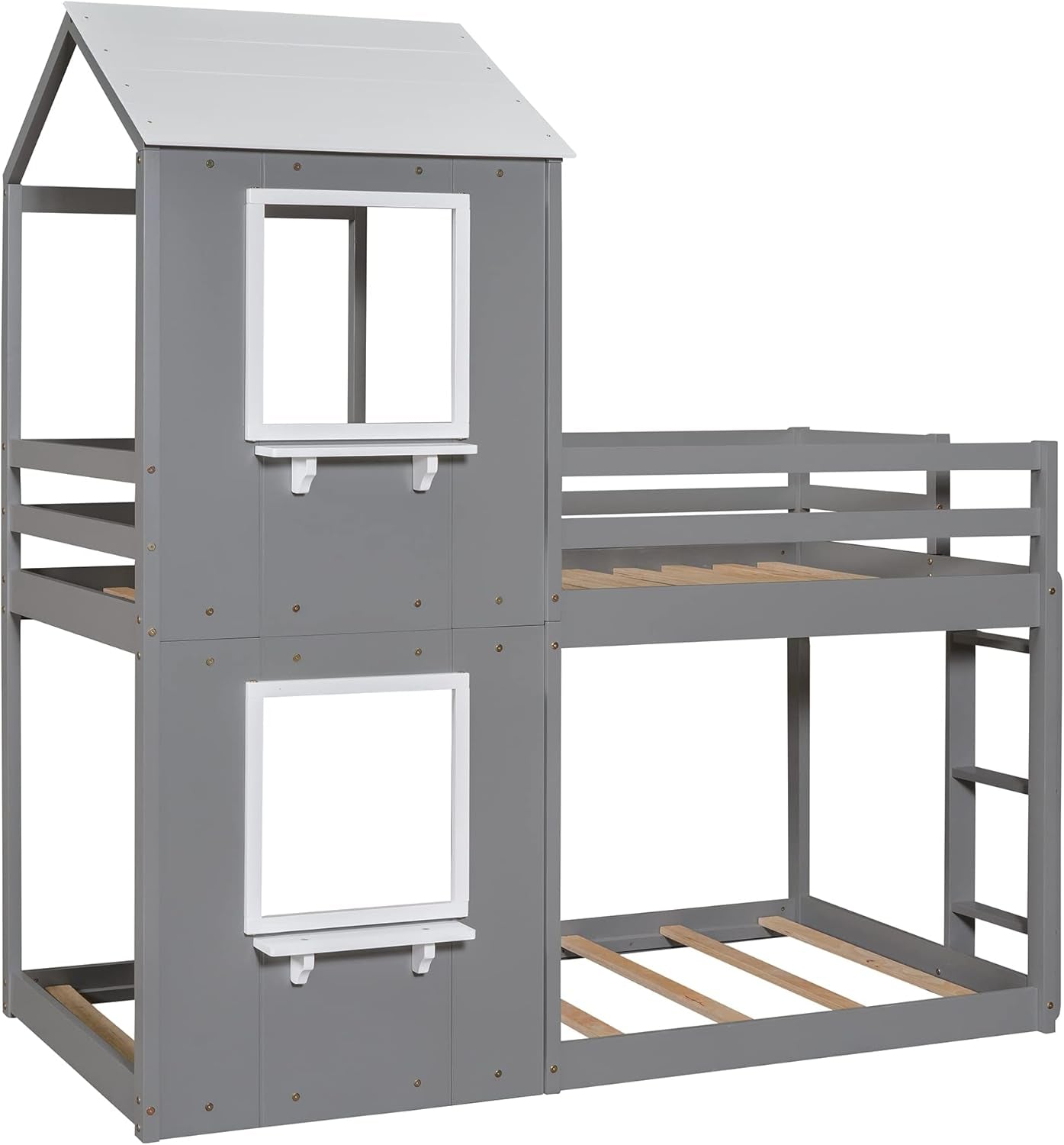 Twin Over Twin House Bunk Bed With Roof And Ladders Grey