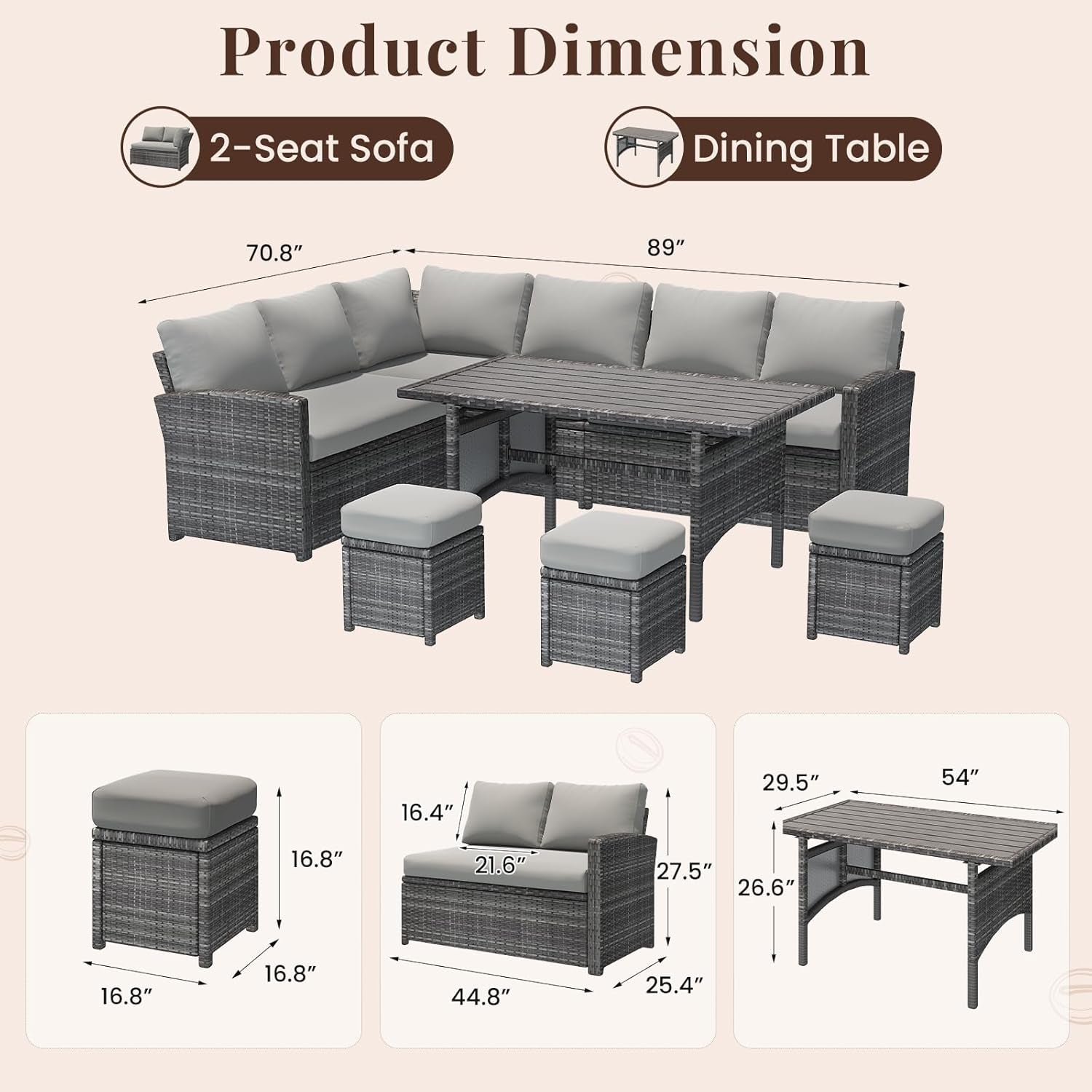 7 Piece Outdoor Patio Sectional Set All Weather Wicker Grey Cushions with product dimensions for seating and table.