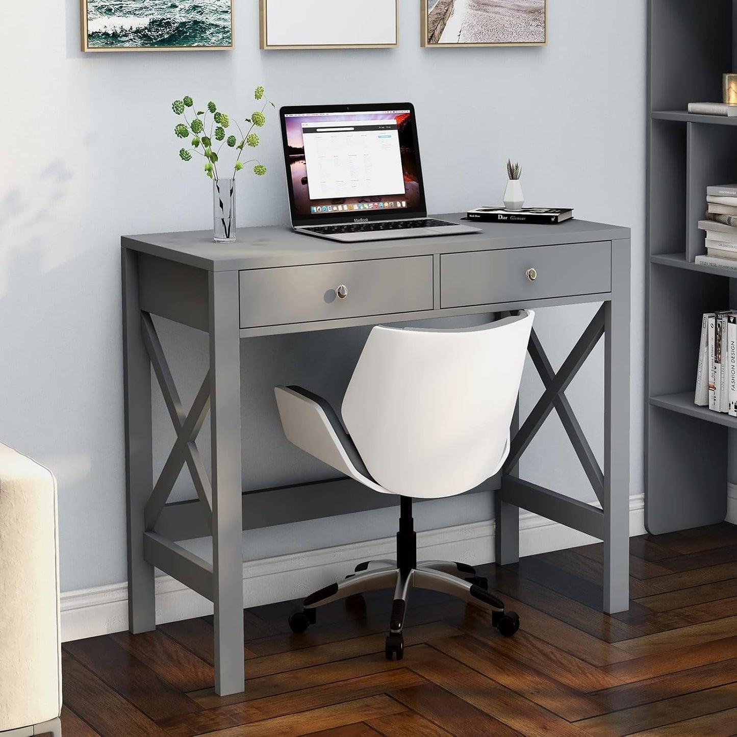 Home Office Desk Grey With Two Drawers Computer Table