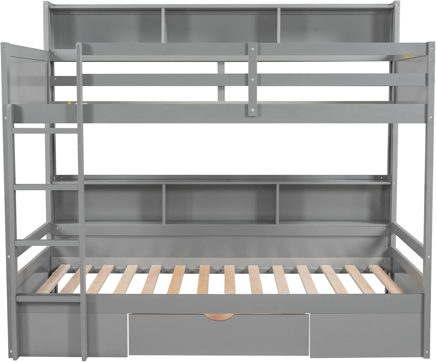 Grey Wood Twin Over Twin Bunk Bed With Storage Shelves And Drawer