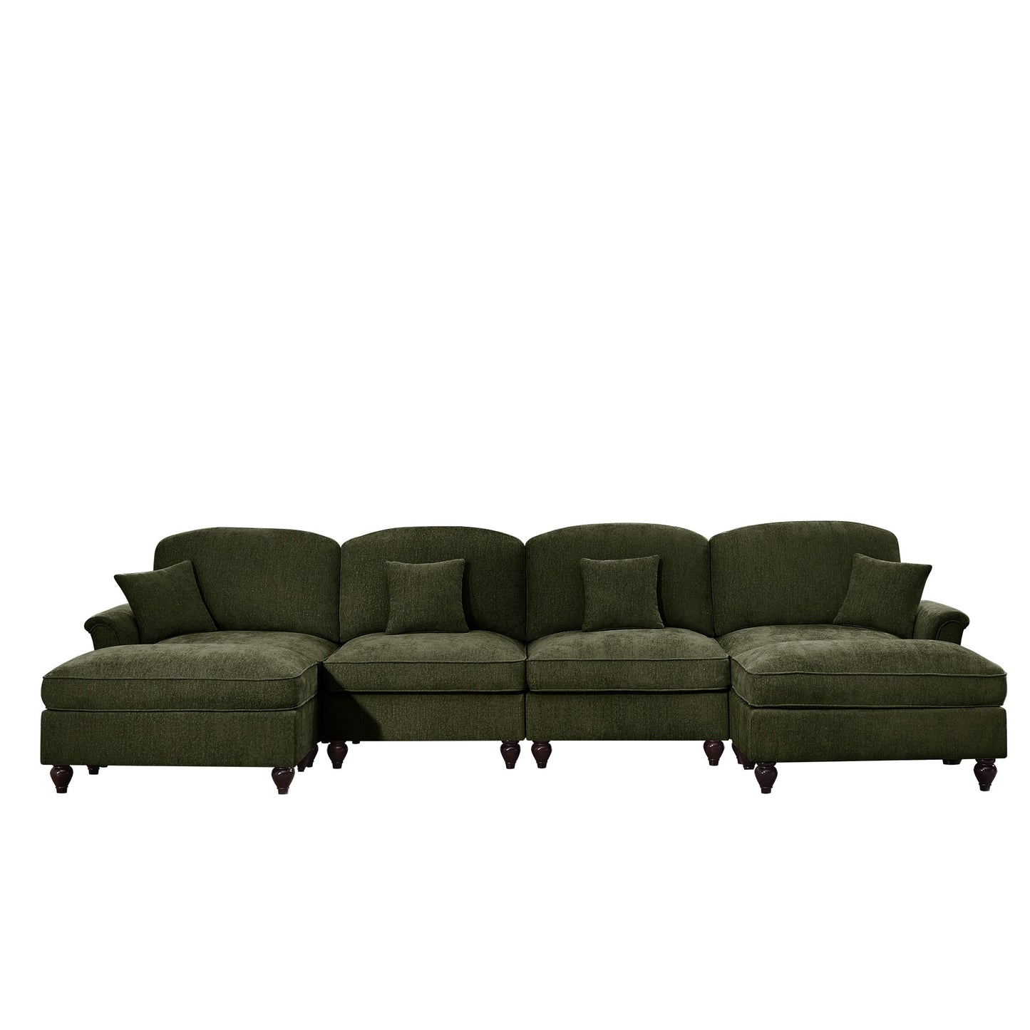 Classic U Shape 4 Seater Modular Sectional Sofa Couch with Flared Arms and Removable Ruffles Pleats Skirts and Spindle Legs, Chenille Deep Seat Cloud Sofa with Movable Ottomans, Green