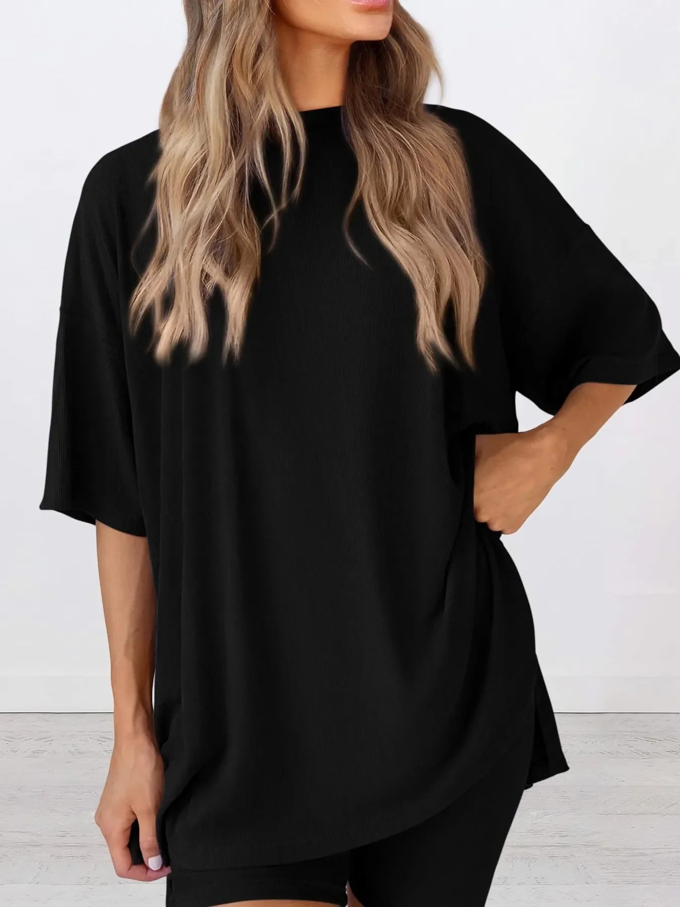 Oversized Slit Round Neck Top and Shorts Lounge Set Plus Size