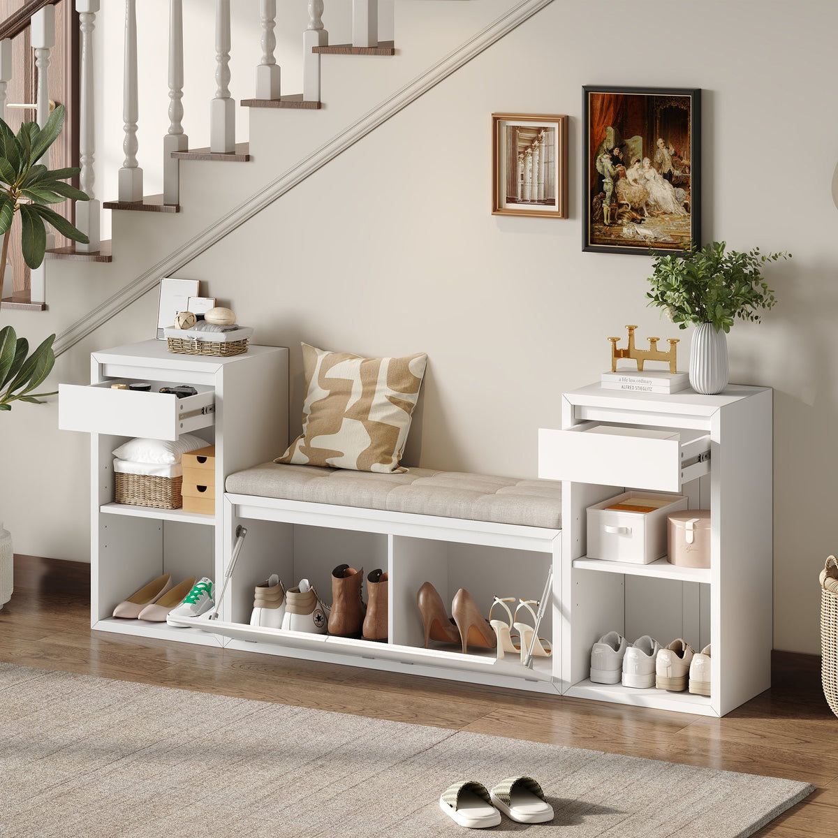 TREXM All-in-One Entryway Storage Bench with Cushion, Compartments & Drawers