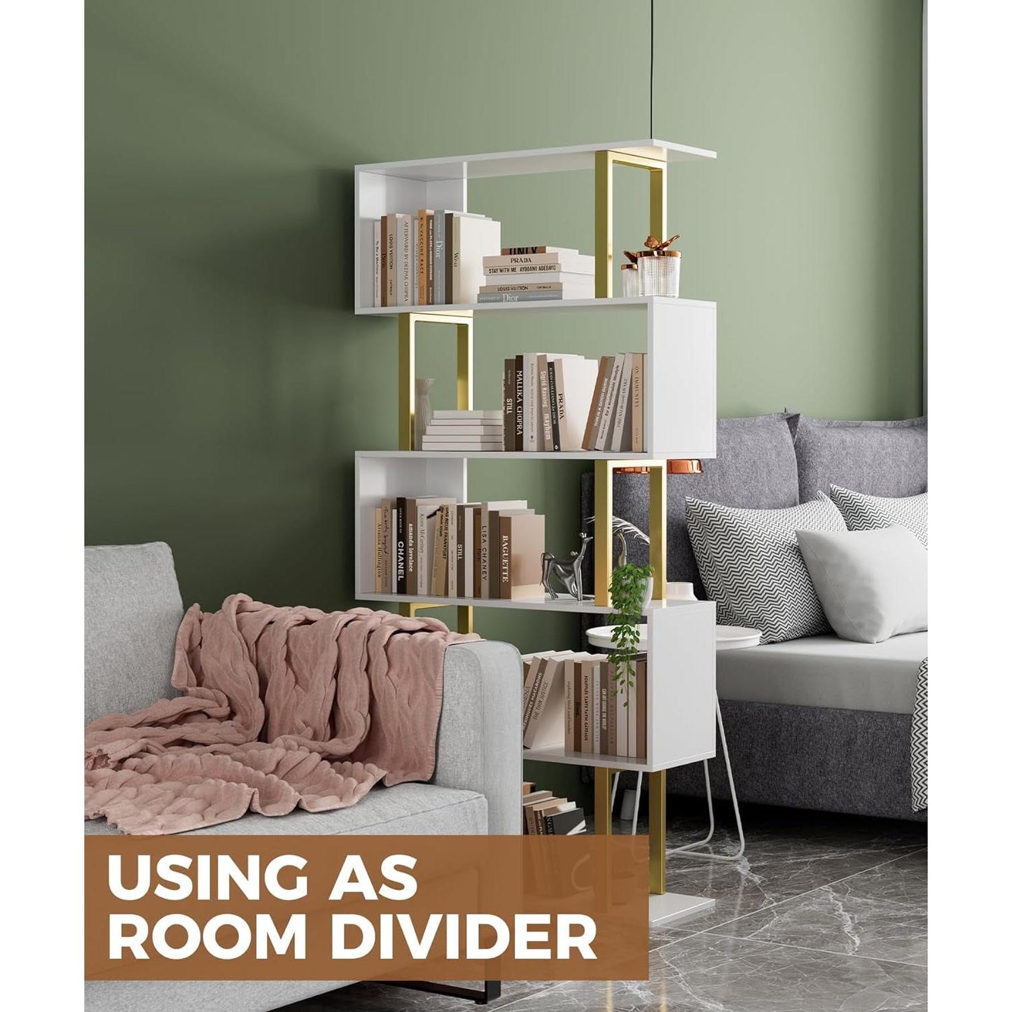 Gold 5 Tier S Shaped Wooden Bookcase For Living Room