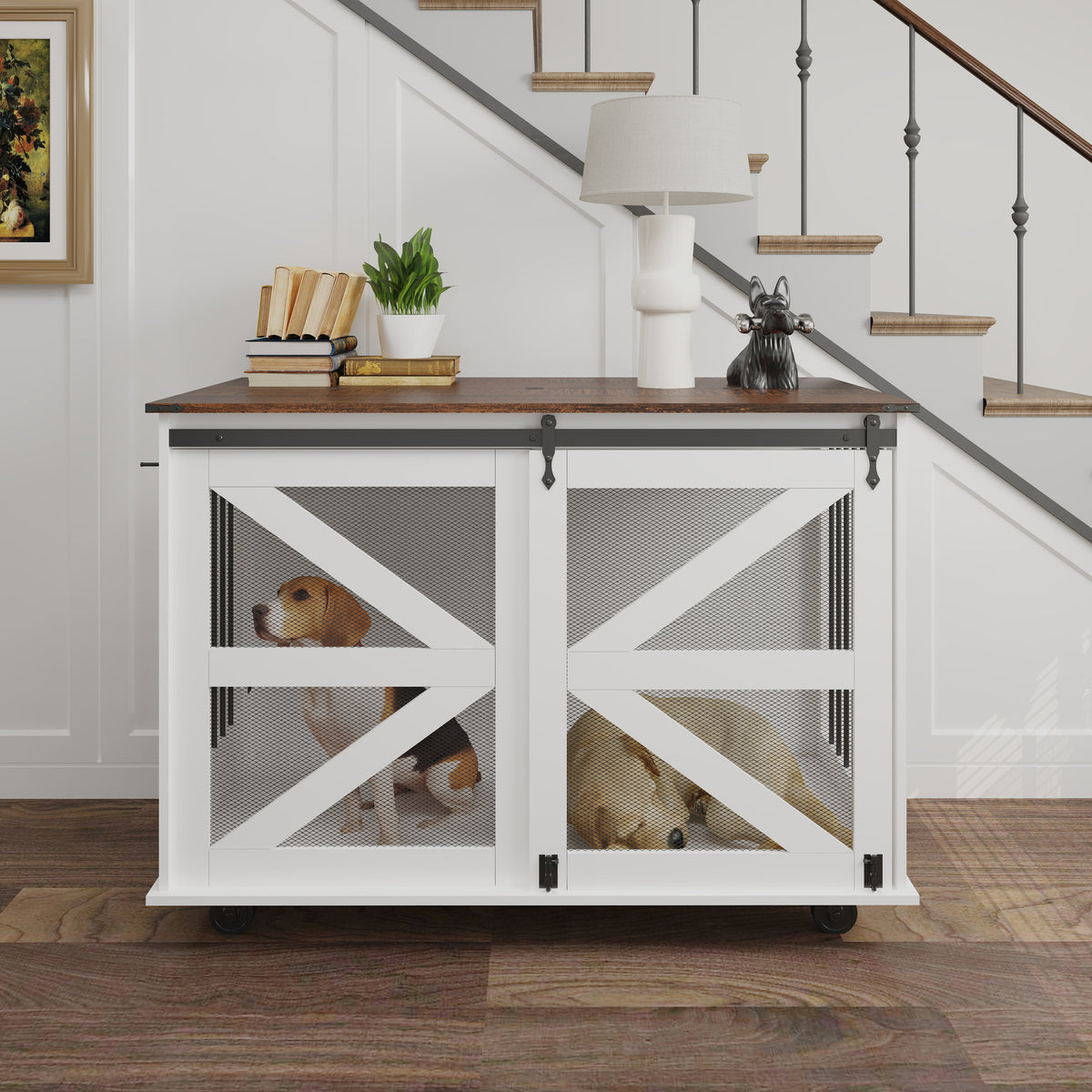 47.2" Mobile Dog Crate with Flip-Top Feeding Door