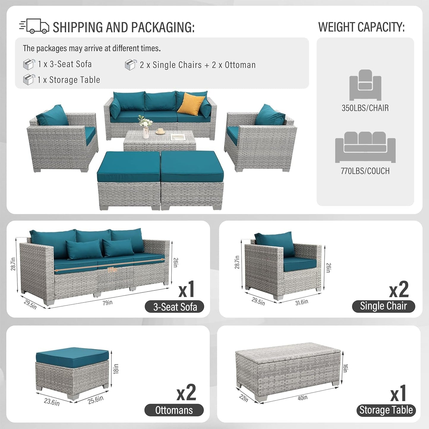 Patio Furniture Set 6 Piece Outdoor Grey Wicker Peacock Blue Cushions shipping and packaging details including weight capacity.