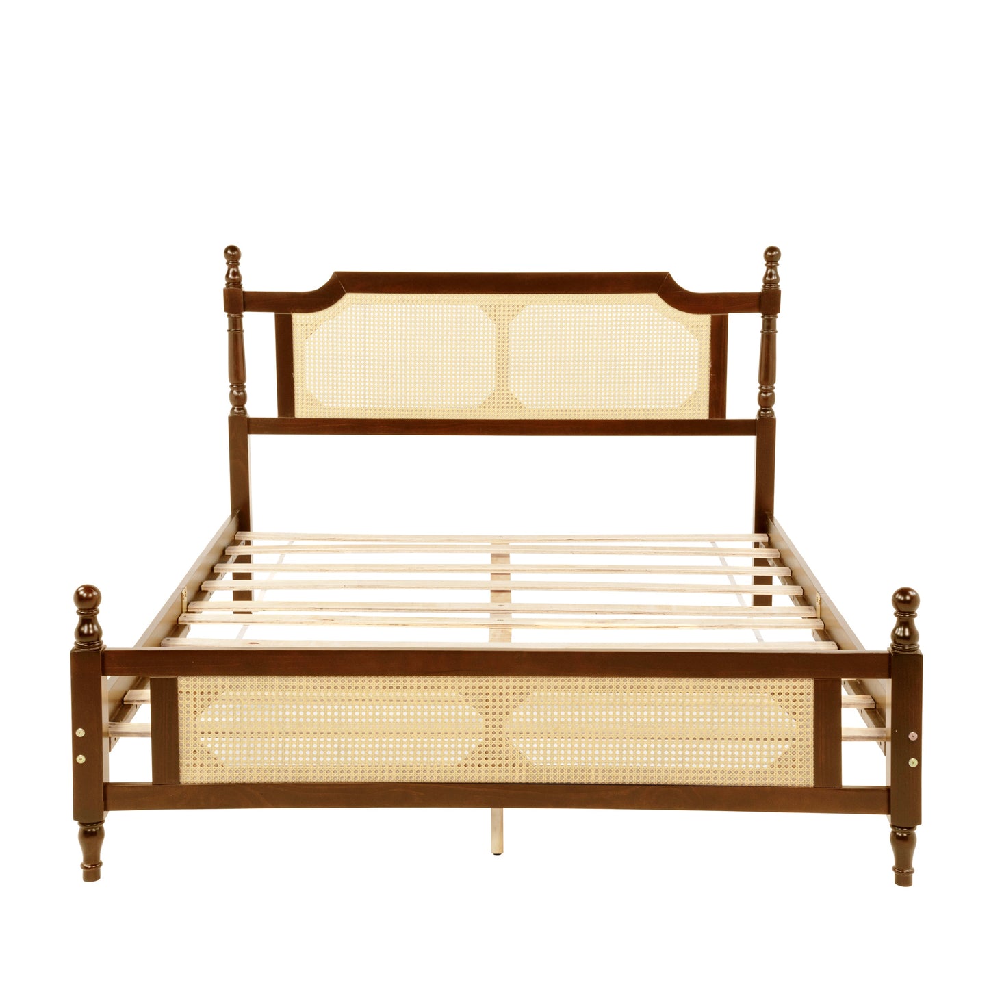 Queen Pine wooden Bed with Rattan Headboard  and Footboard, with  Central Enhanced Bed Platform,Walnut