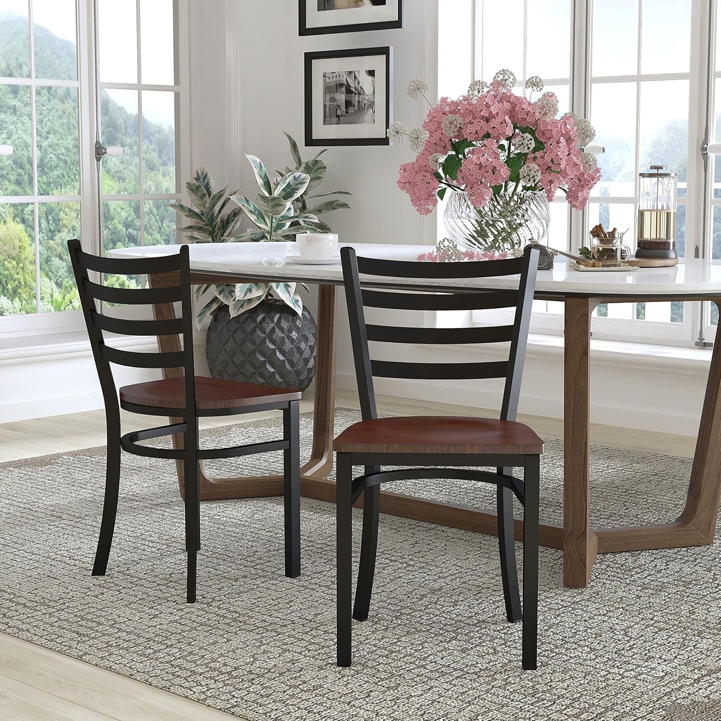 2 Pack Hercules Series Black Ladder Back Metal Dining Chair With Mahogany Seat For Restaurants