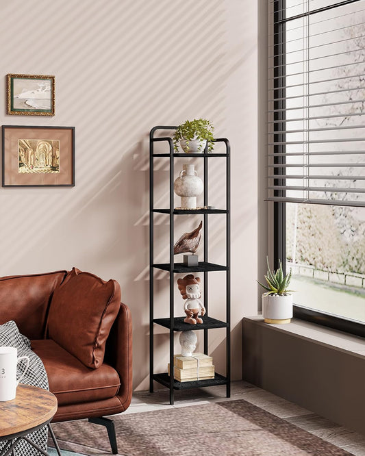 Black 5 Tier Narrow Bookcase Corner Shelf Organizer Industrial Design