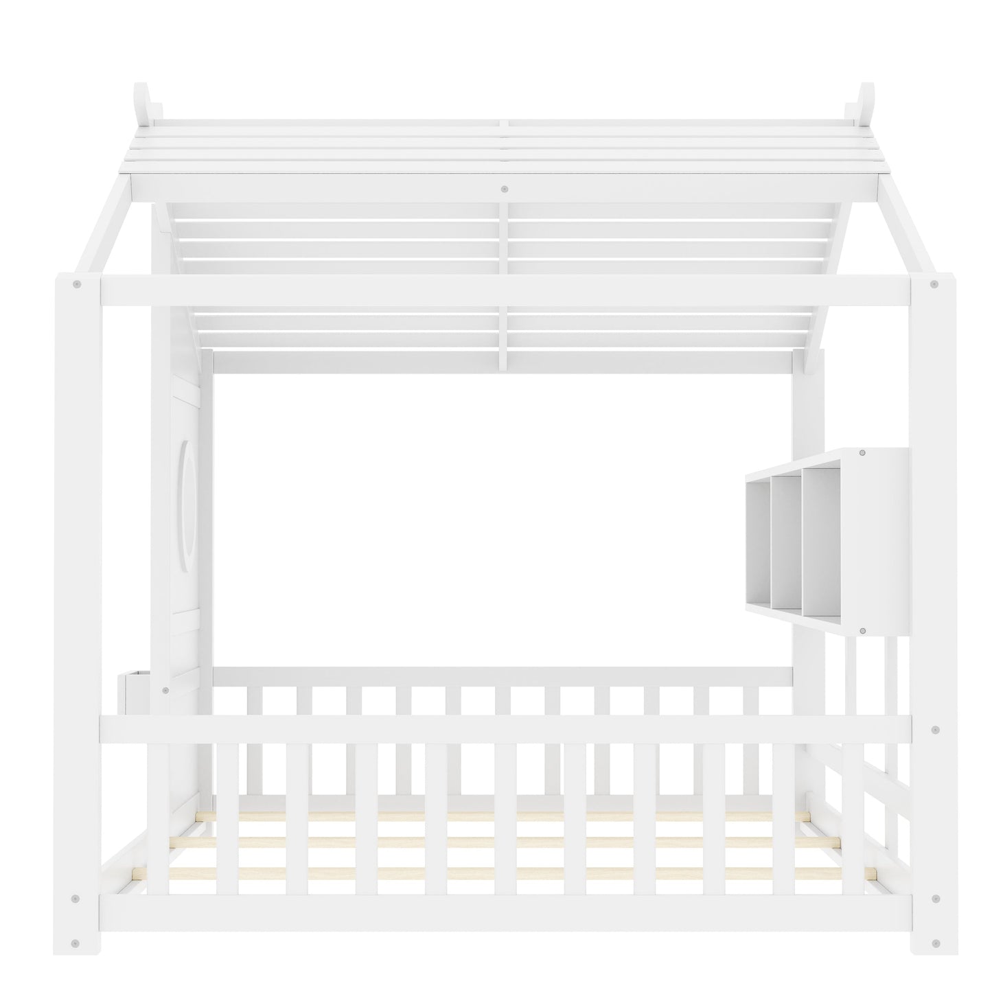 Full Size Floor House Bed for Toddler, Kids Montessori Bed  with Storage Shelf, Playhouse Bed with Roof Design, White
