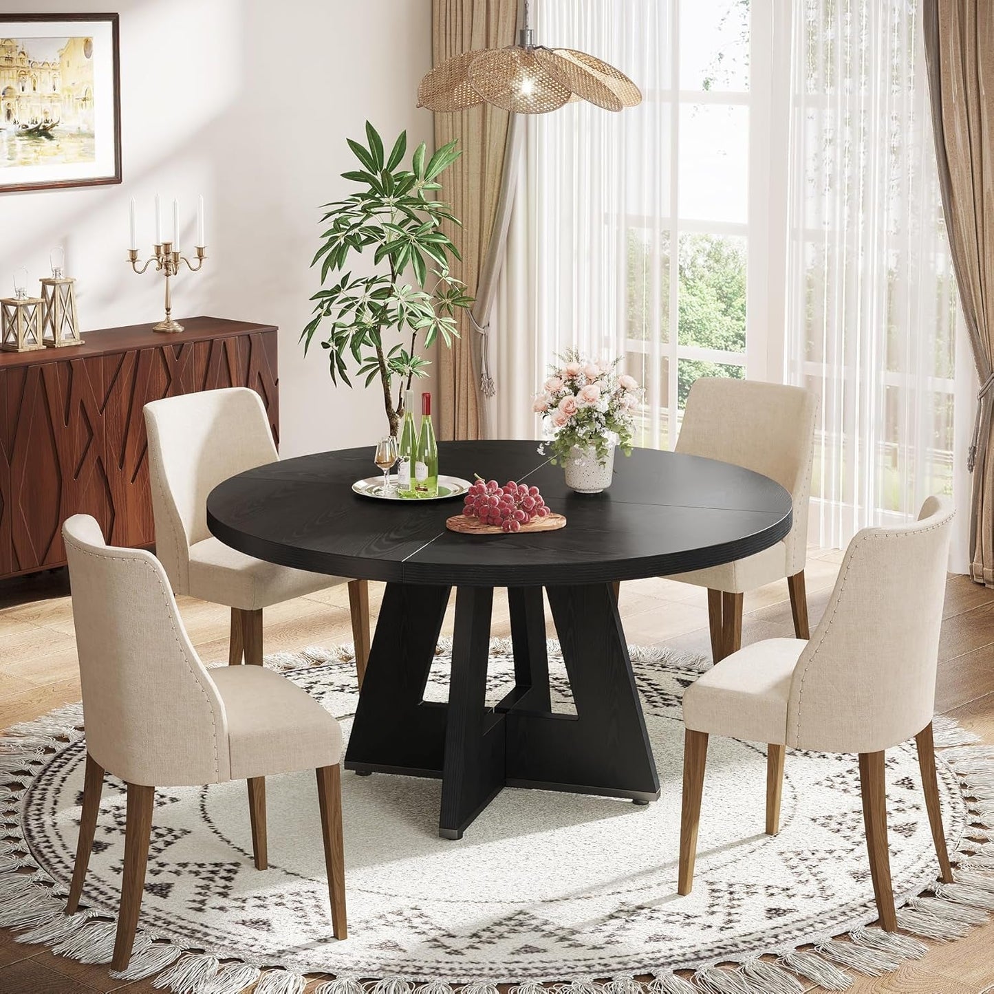 Farmhouse Round Dining Table 47 Inch Black For Four