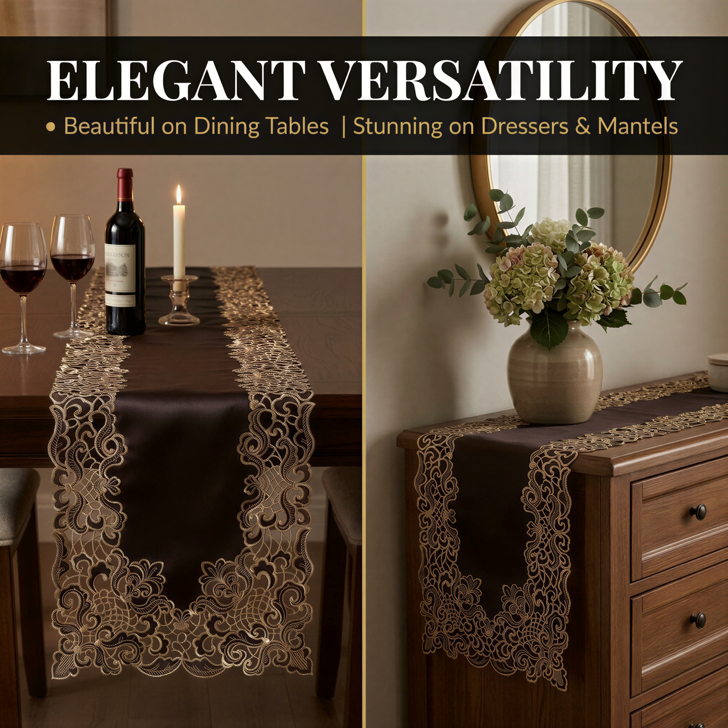 Black Gold Table Runner – Granada Collection Rustic Embroidered Linen Decor 14x108 Inch
