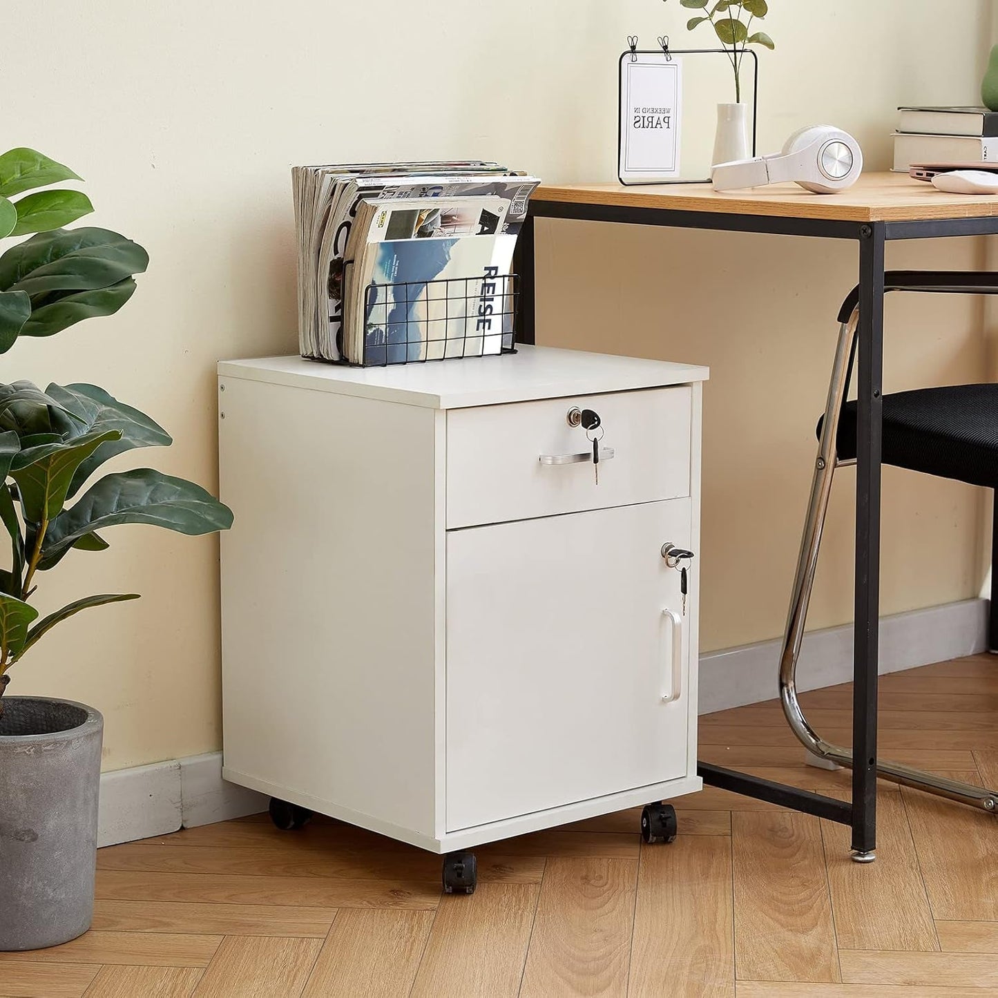White Mobile File Cabinet With Lockable Drawer And Door