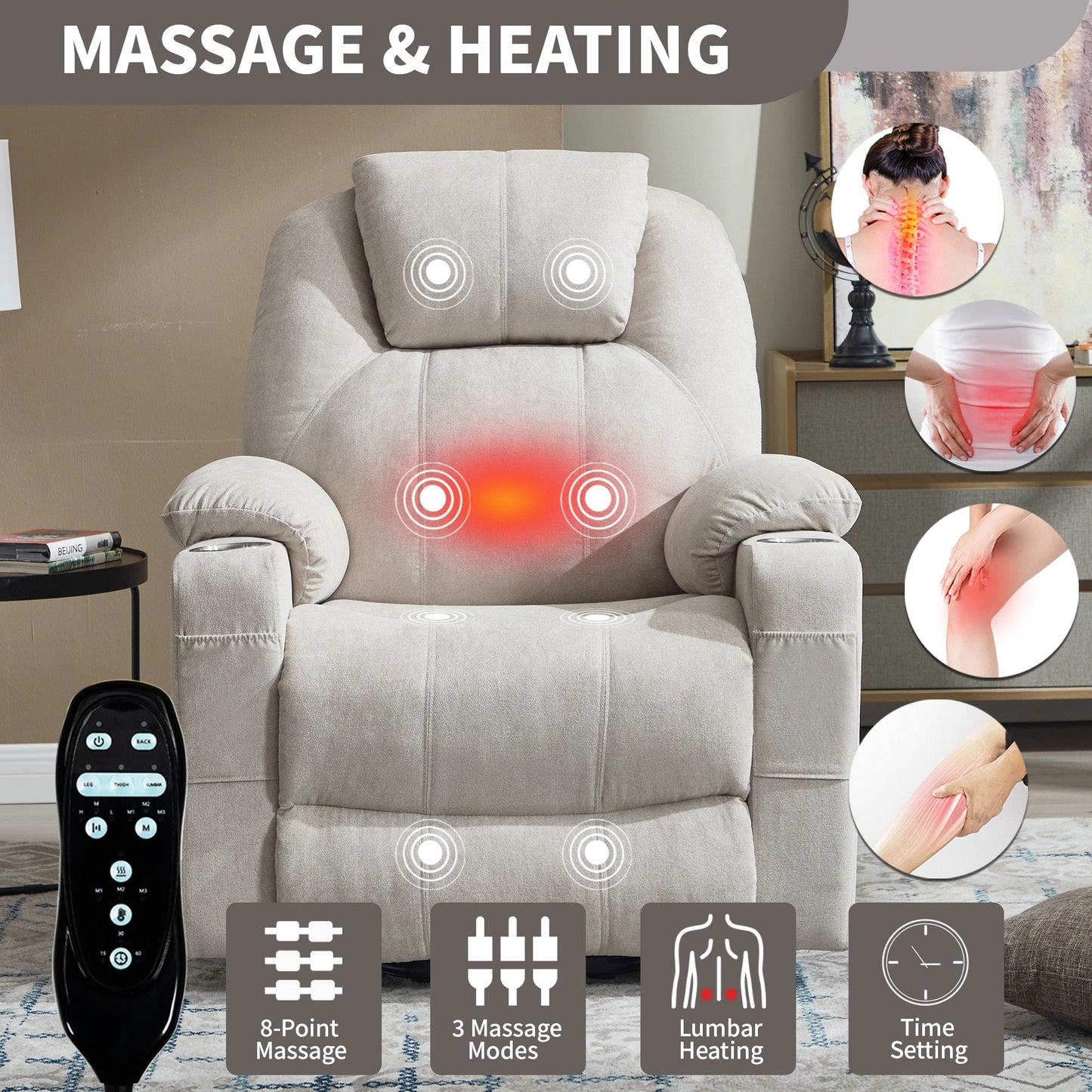 Up to 350 LBS polyester Power Lift Recliner Chair, Heavy Duty Motion Mechanism with 8-Point Vibration Massage and Lumbar Heating, USB and Type-C Ports, Stainless Steel Cup Holders, Beige