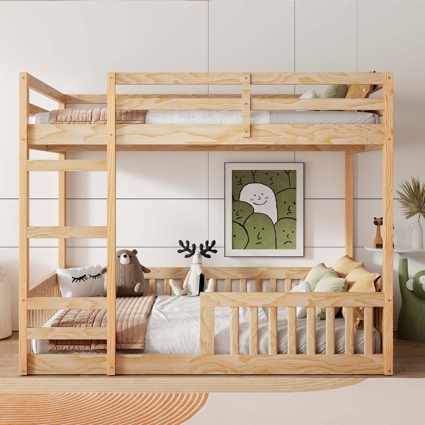 Full Over Full Wood Bunk Bed with Ladder and Guardrails