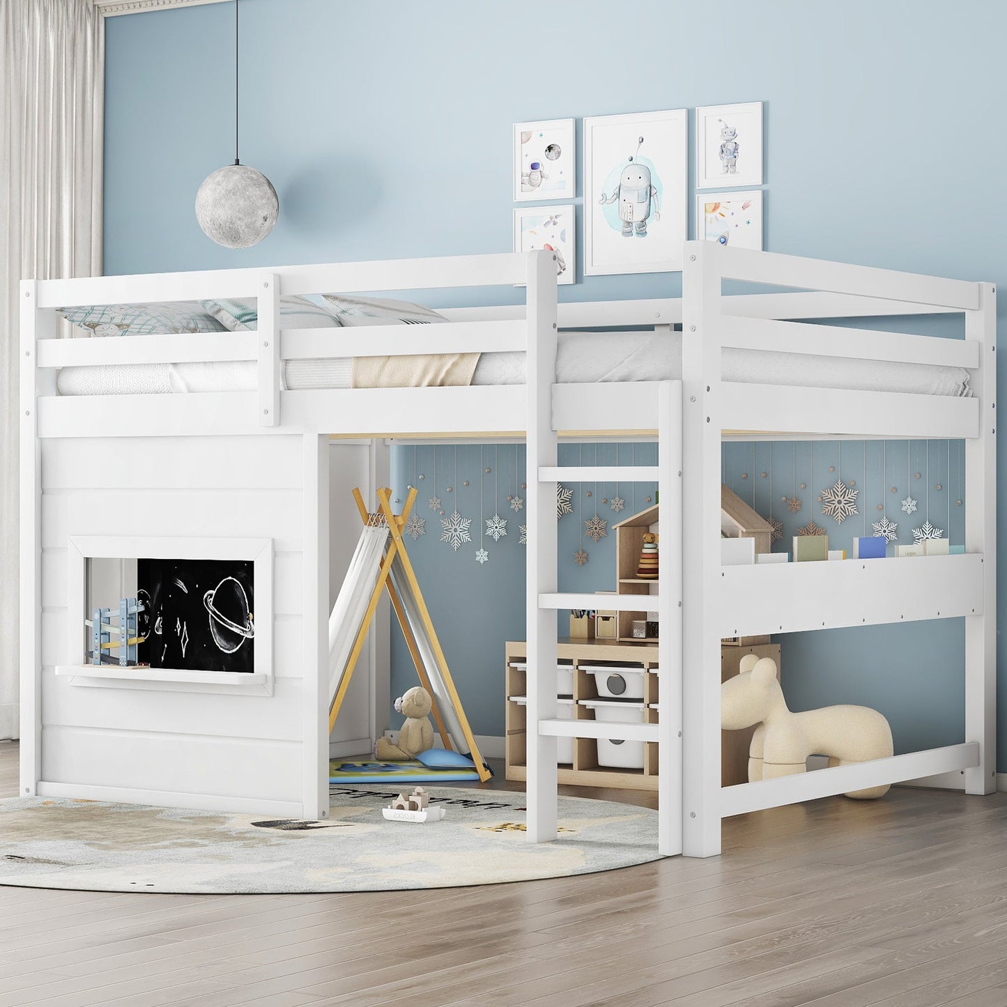 Full Size Loft Bed with Playful Sliding Chalkboard and Bookshelf