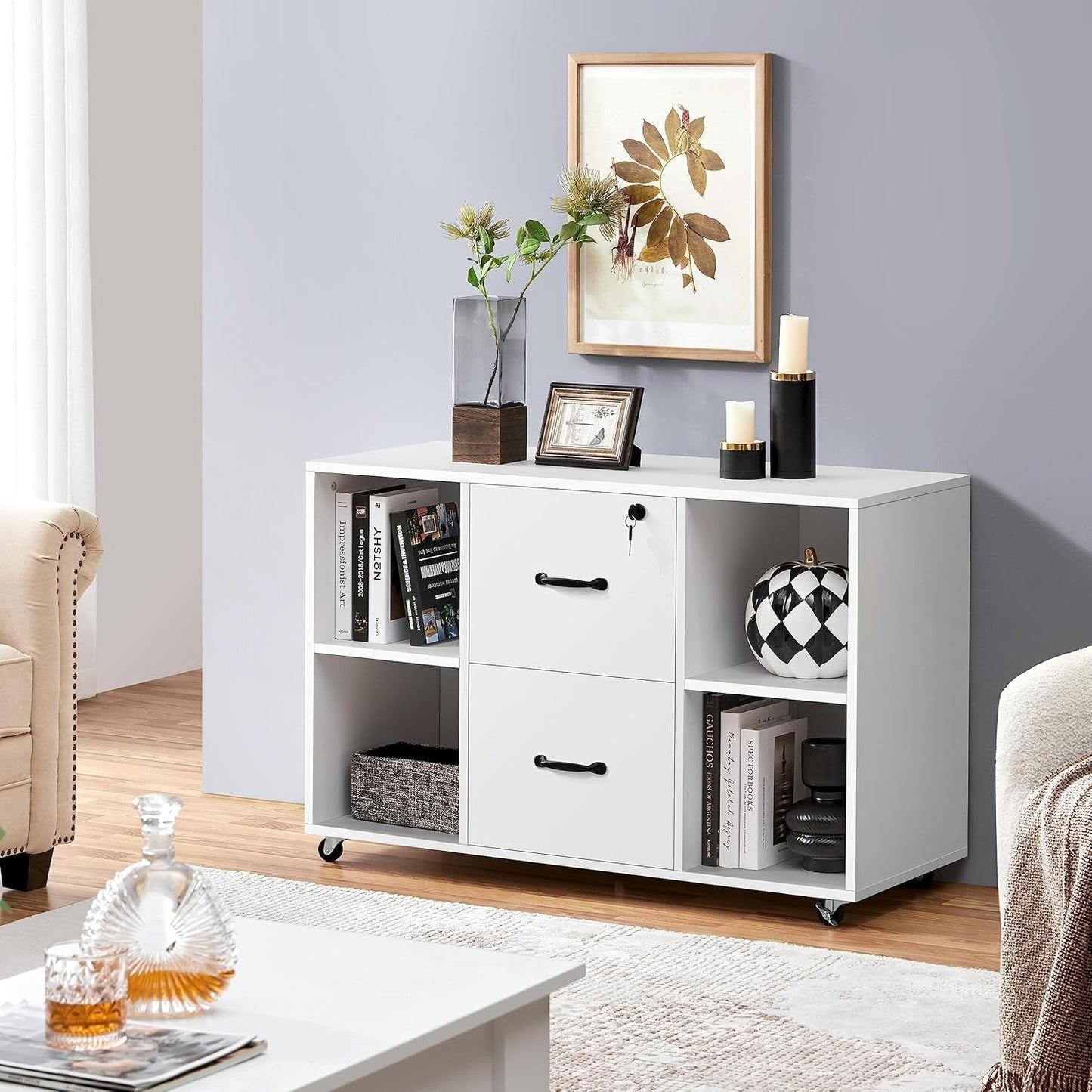 White Mobile Letter Size Lateral File Cabinet 2 Drawers