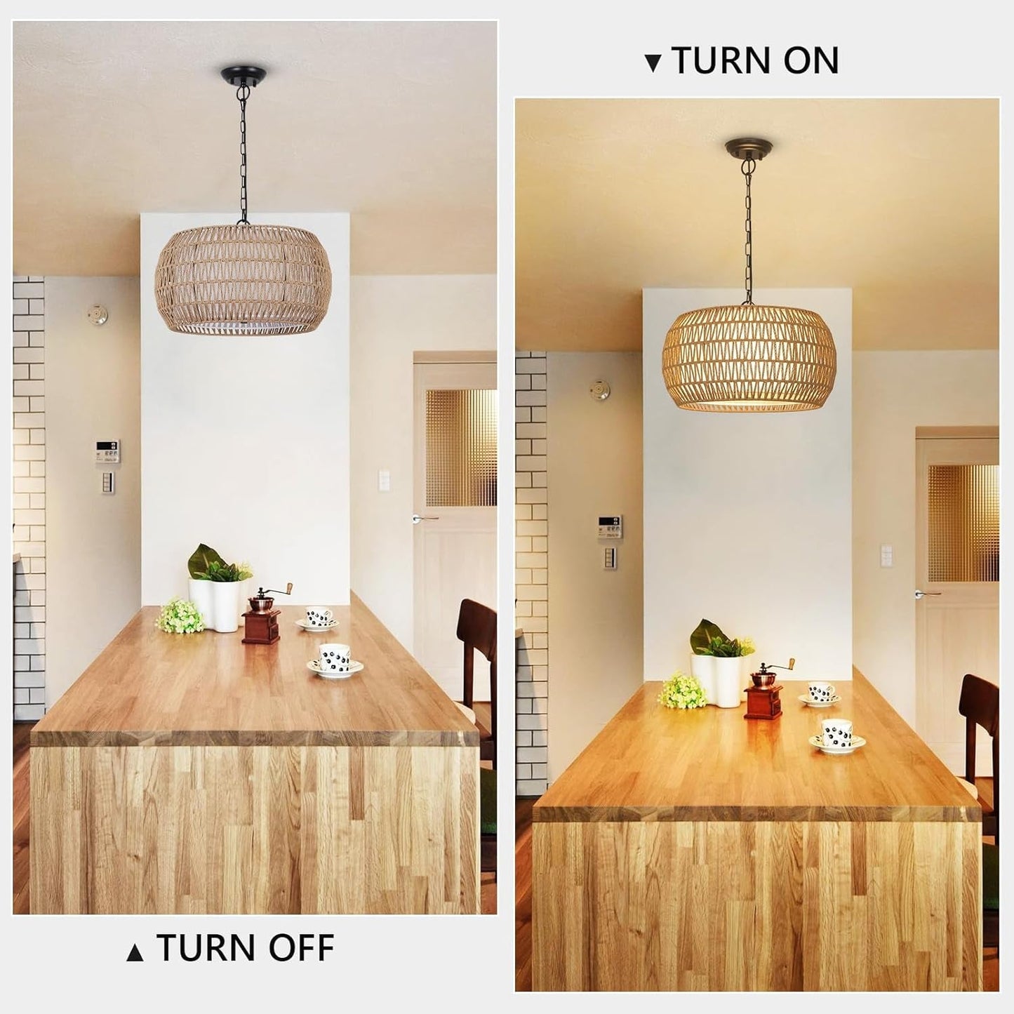 Rattan Farmhouse 5 Light Chandelier With Fabric Shade in a kitchen setting, turned off and on.