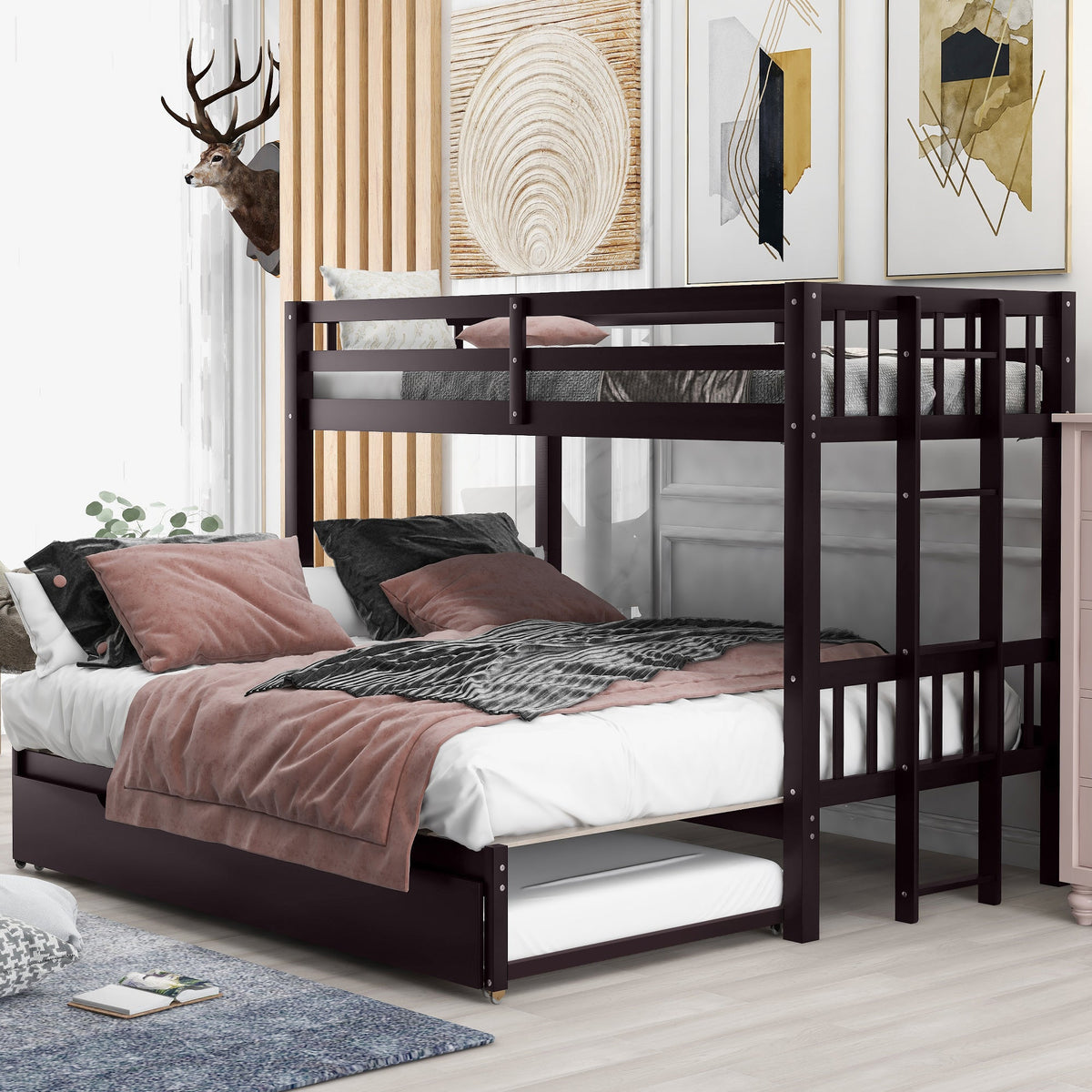 Twin Over Pull-out Bunk Bed with Trundle, Espresso