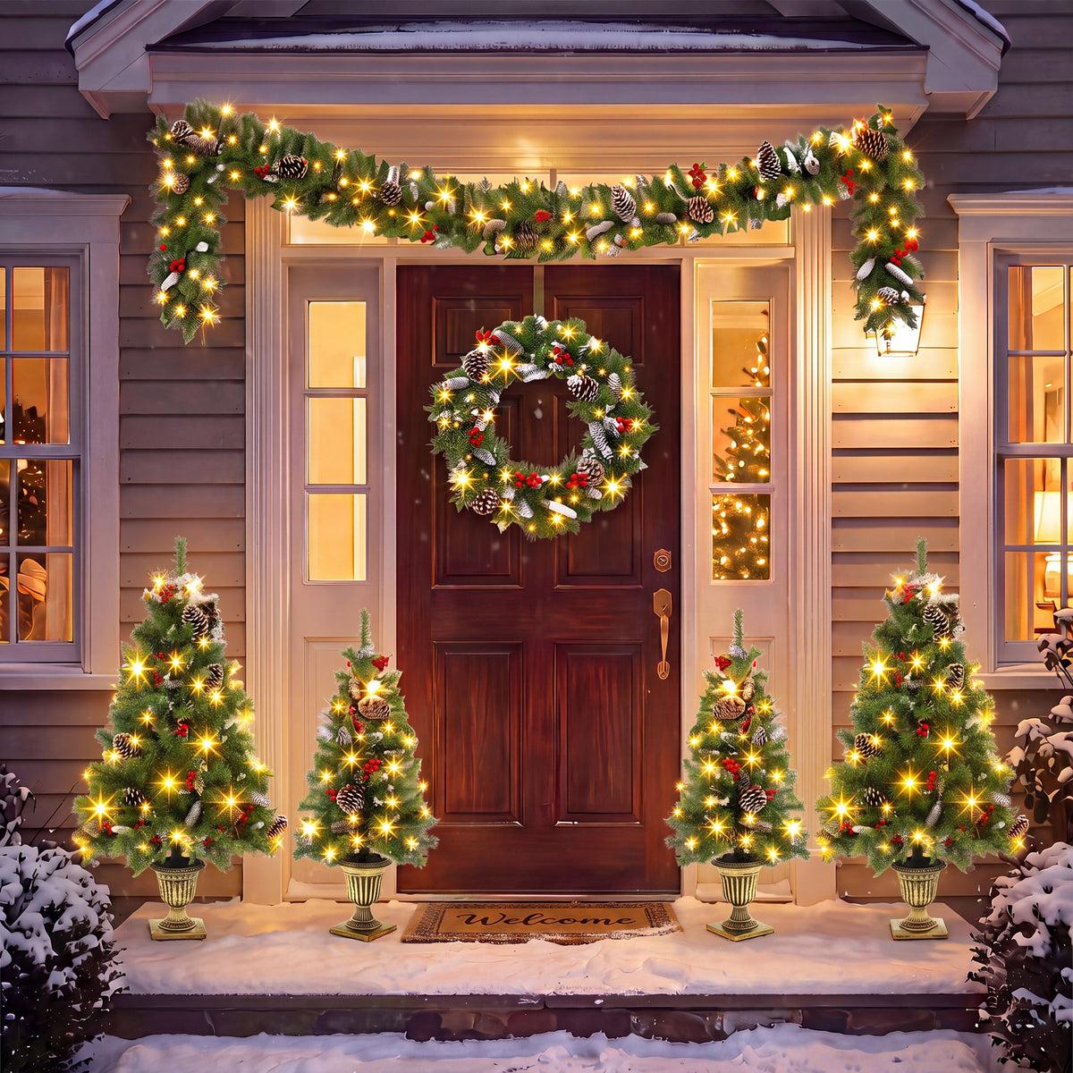 6-Piece Christmas Tree Set – 4 Trees, Wreath, and Garland