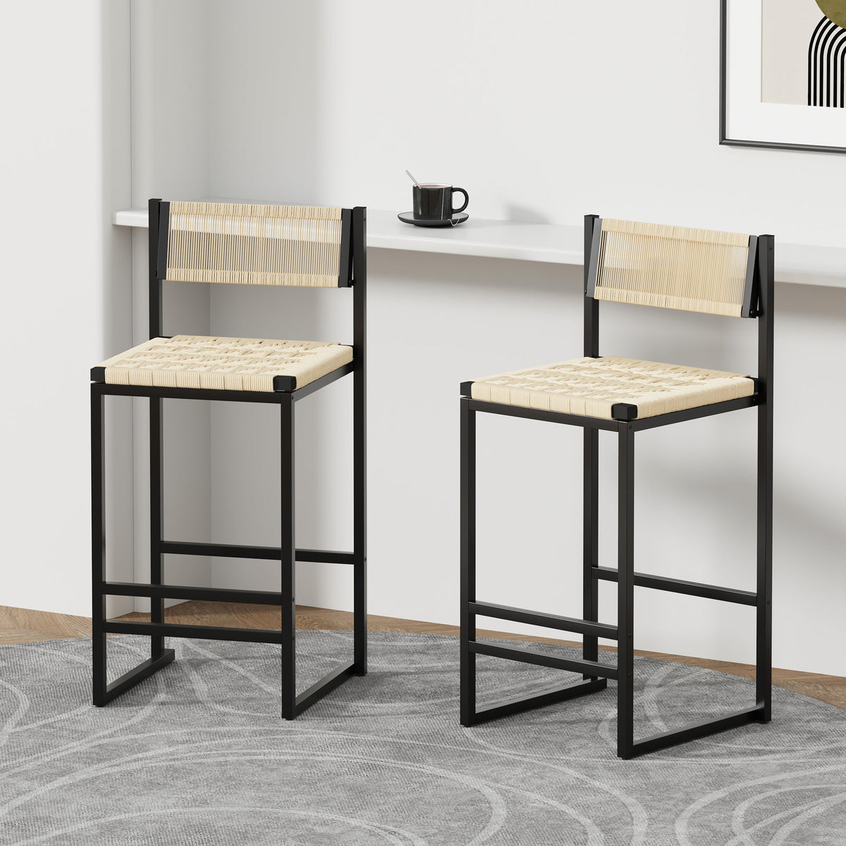Set of 2 Woven Bar Stools with Backrest